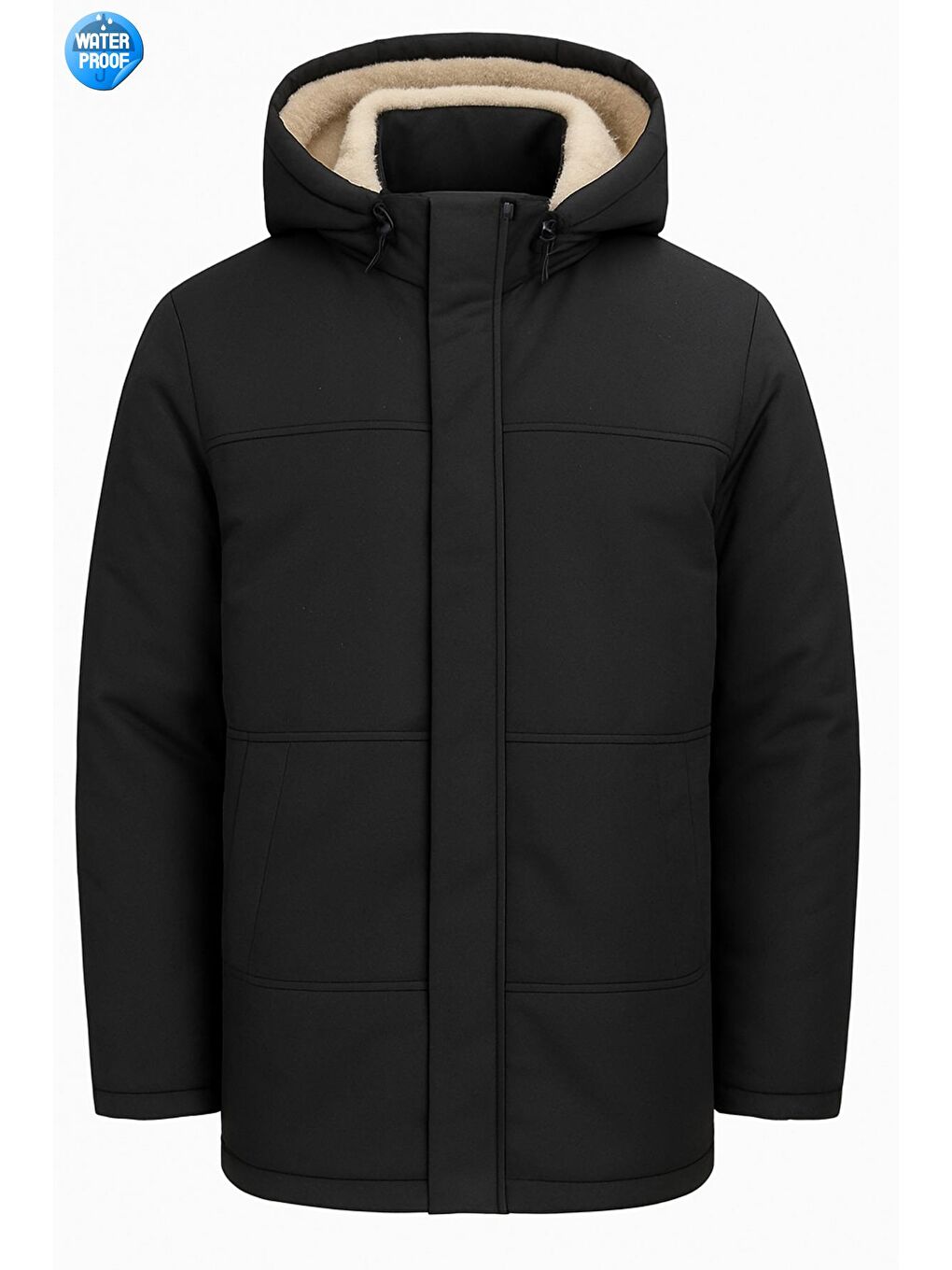 Siyah Erkek İçi Kürklü Çıkma Kapüşon Su Ve Rüzgar Geçirmez Kapüşonlu Kışlık Mont & Kaban & Parka-1