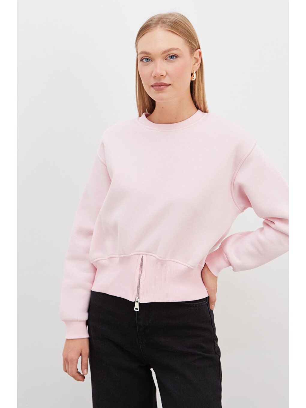 Pembe 3 İplik Eteği Fermuarlı Bisiklet Yaka Crop Sweatshirt-3