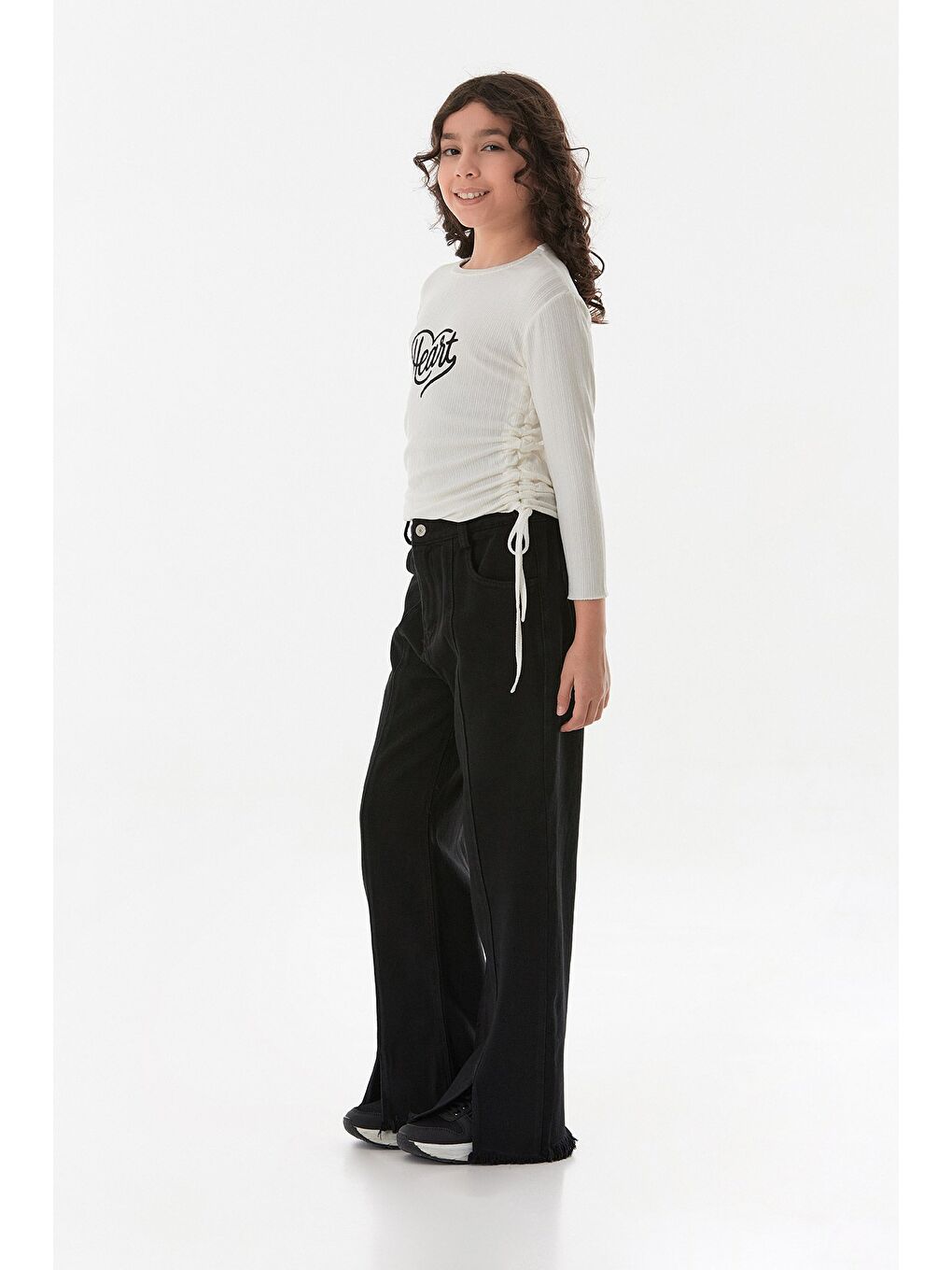 Ekru Fitilli Heart Baskılı Yanları Büzgülü Kız Çocuk Body-4