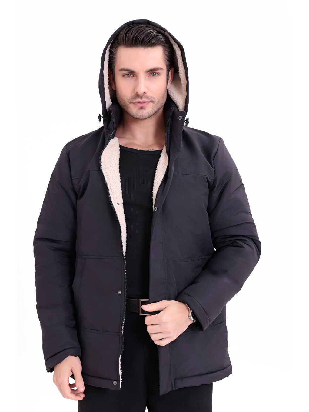 Siyah Erkek İçi Kürklü Çıkma Kapüşon Su Ve Rüzgar Geçirmez Kapüşonlu Kışlık Mont & Kaban & Parka-2