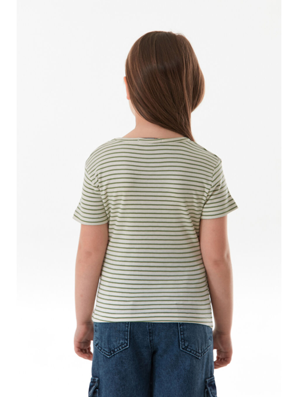 Yeşil Omzu Pencere Detaylı Çizgili Kız Çocuk Body-3