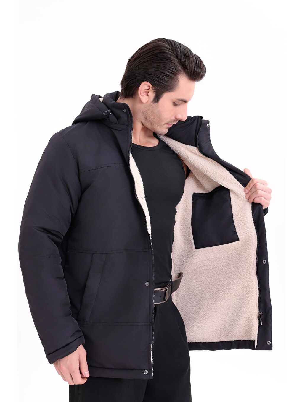 Siyah Erkek İçi Kürklü Çıkma Kapüşon Su Ve Rüzgar Geçirmez Kapüşonlu Kışlık Mont & Kaban & Parka-3