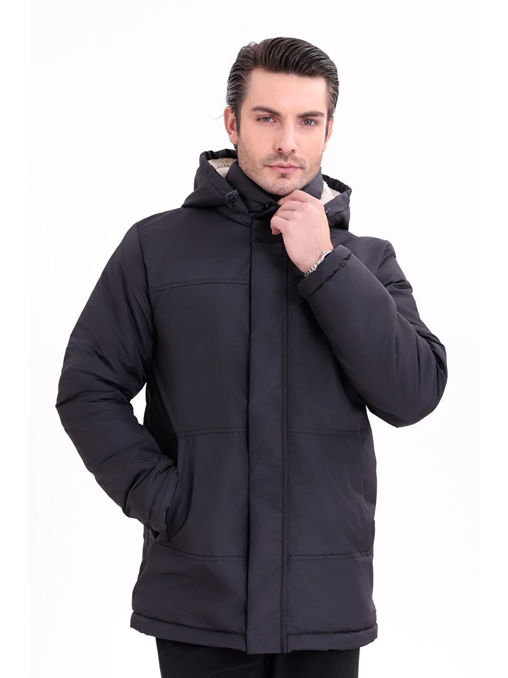 Siyah Erkek İçi Kürklü Çıkma Kapüşon Su Ve Rüzgar Geçirmez Kapüşonlu Kışlık Mont & Kaban & Parka-4