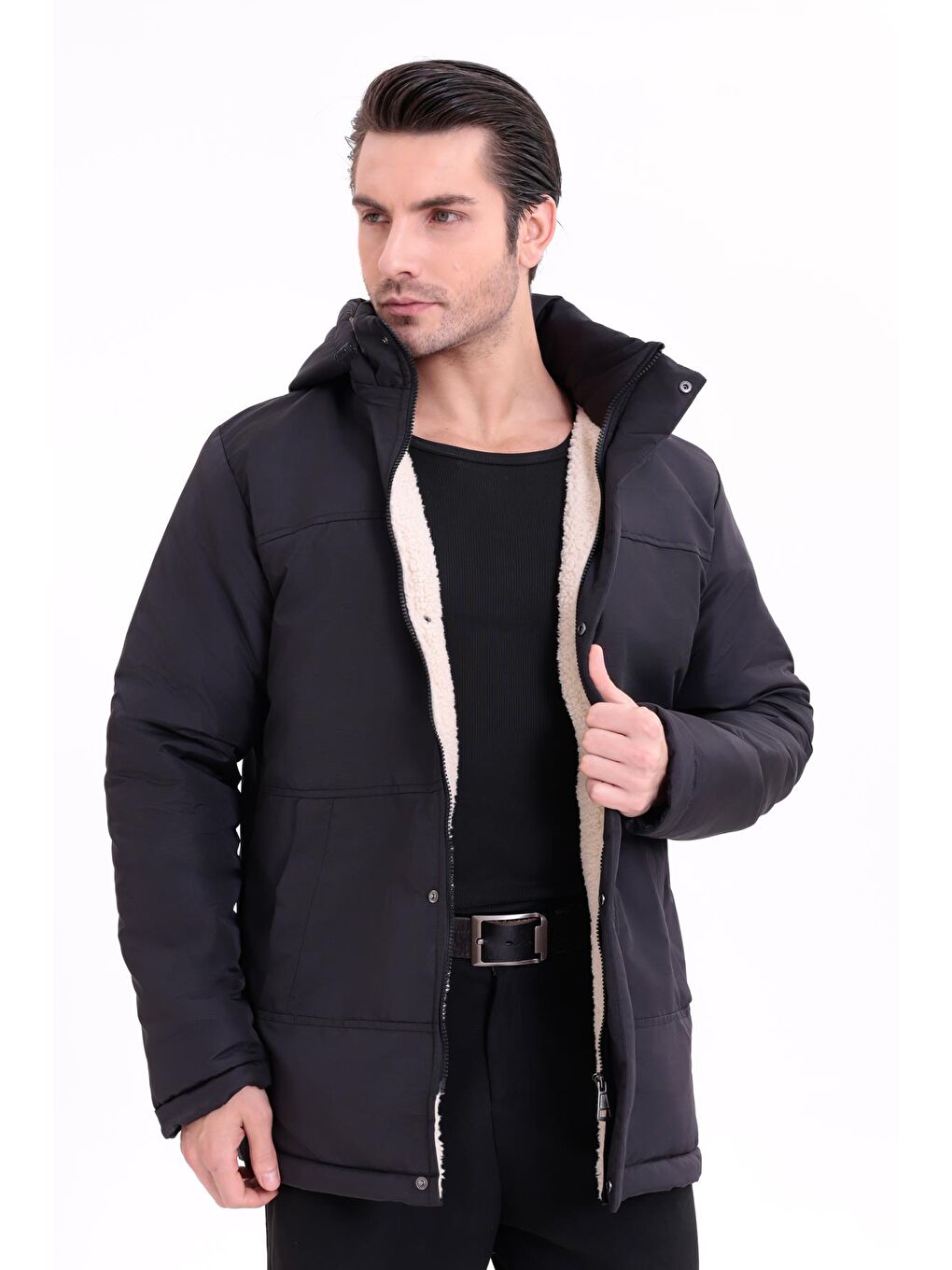 Siyah Erkek İçi Kürklü Çıkma Kapüşon Su Ve Rüzgar Geçirmez Kapüşonlu Kışlık Mont & Kaban & Parka-5