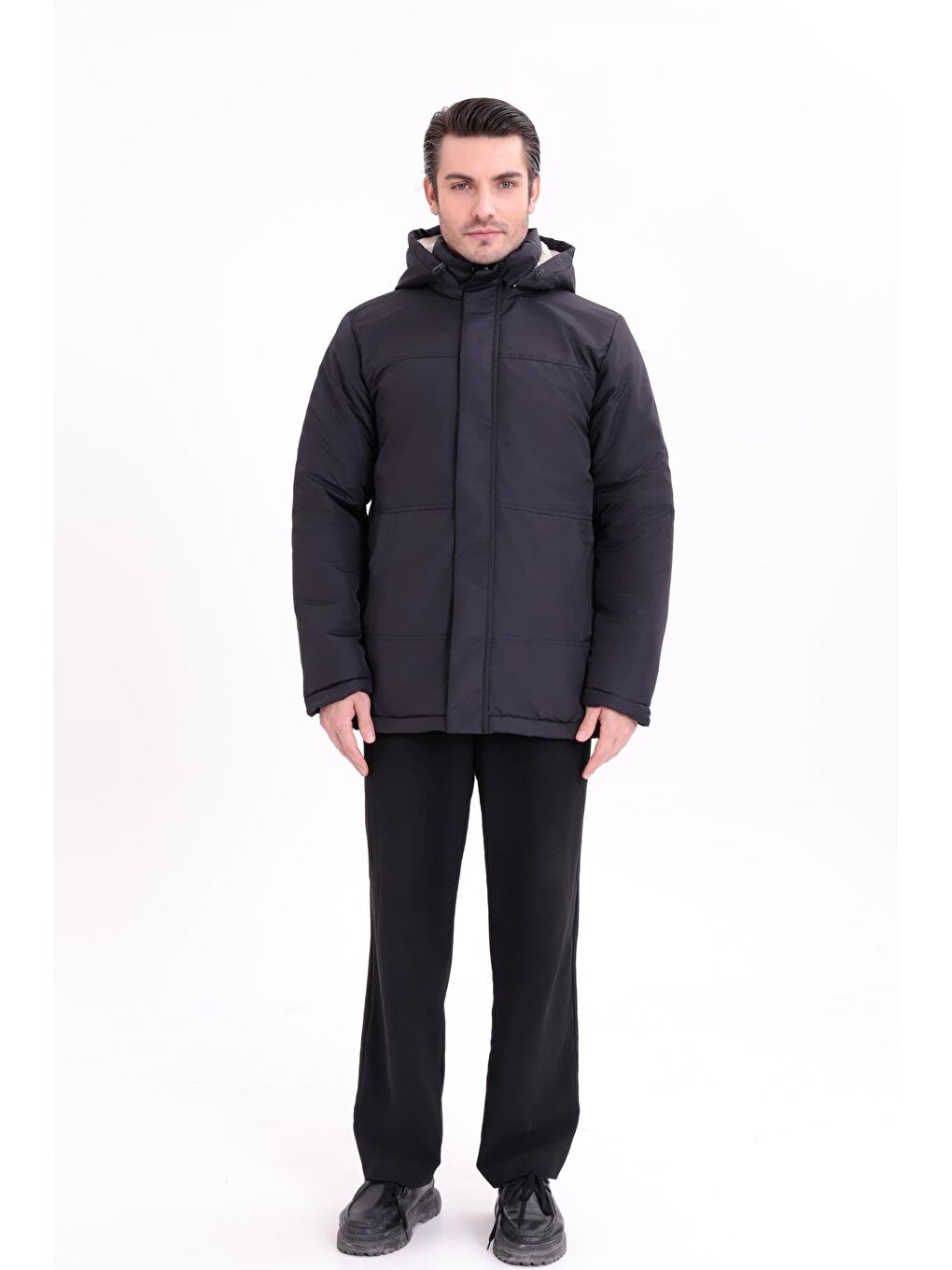 Siyah Erkek İçi Kürklü Çıkma Kapüşon Su Ve Rüzgar Geçirmez Kapüşonlu Kışlık Mont & Kaban & Parka-6