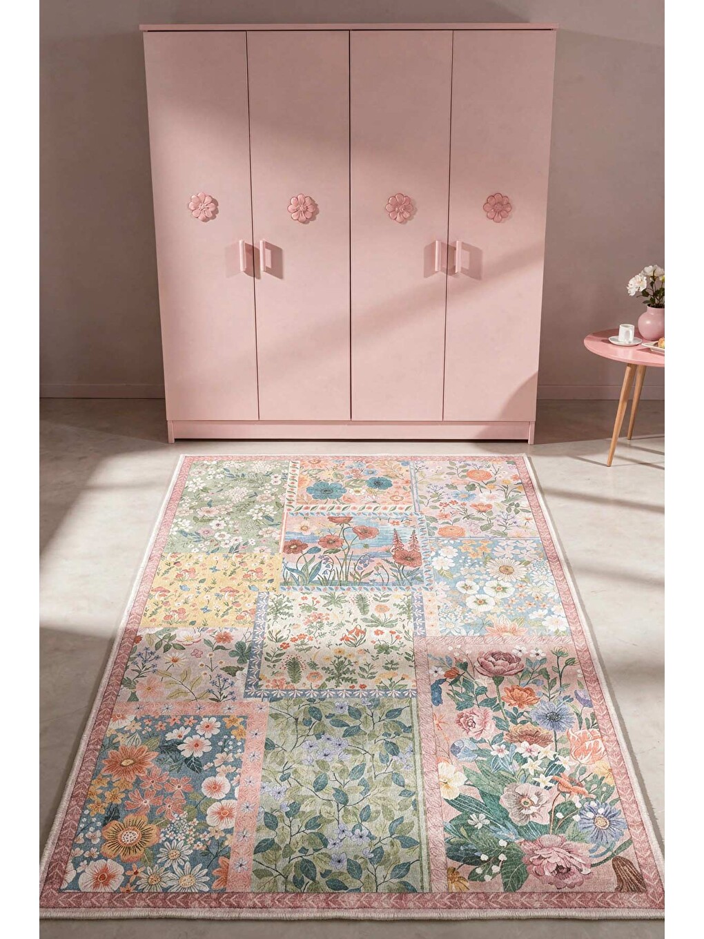 Pembe Modern Çocuk Halısı Kaymaz Tabanlı Makinede Yıkanabilir Çocuk Odası Halısı-2