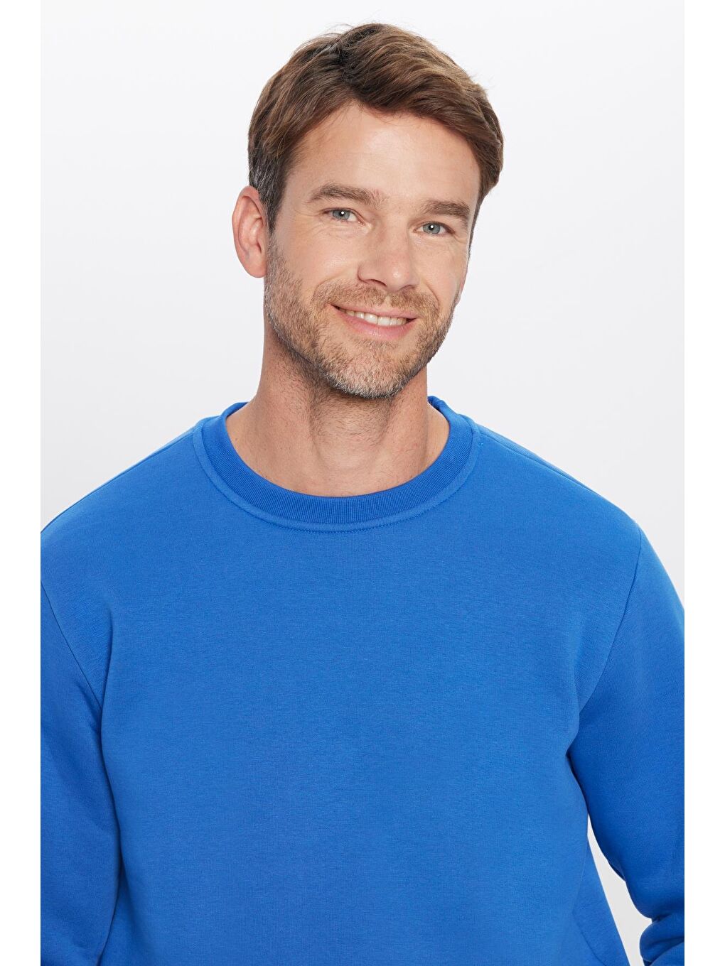 Unisex Relax Fit Rahat Kesim Pamuklu Yumuşak Dokulu Polarlı Basic Saks Mavi Bisiklet Yaka Sweatshirt