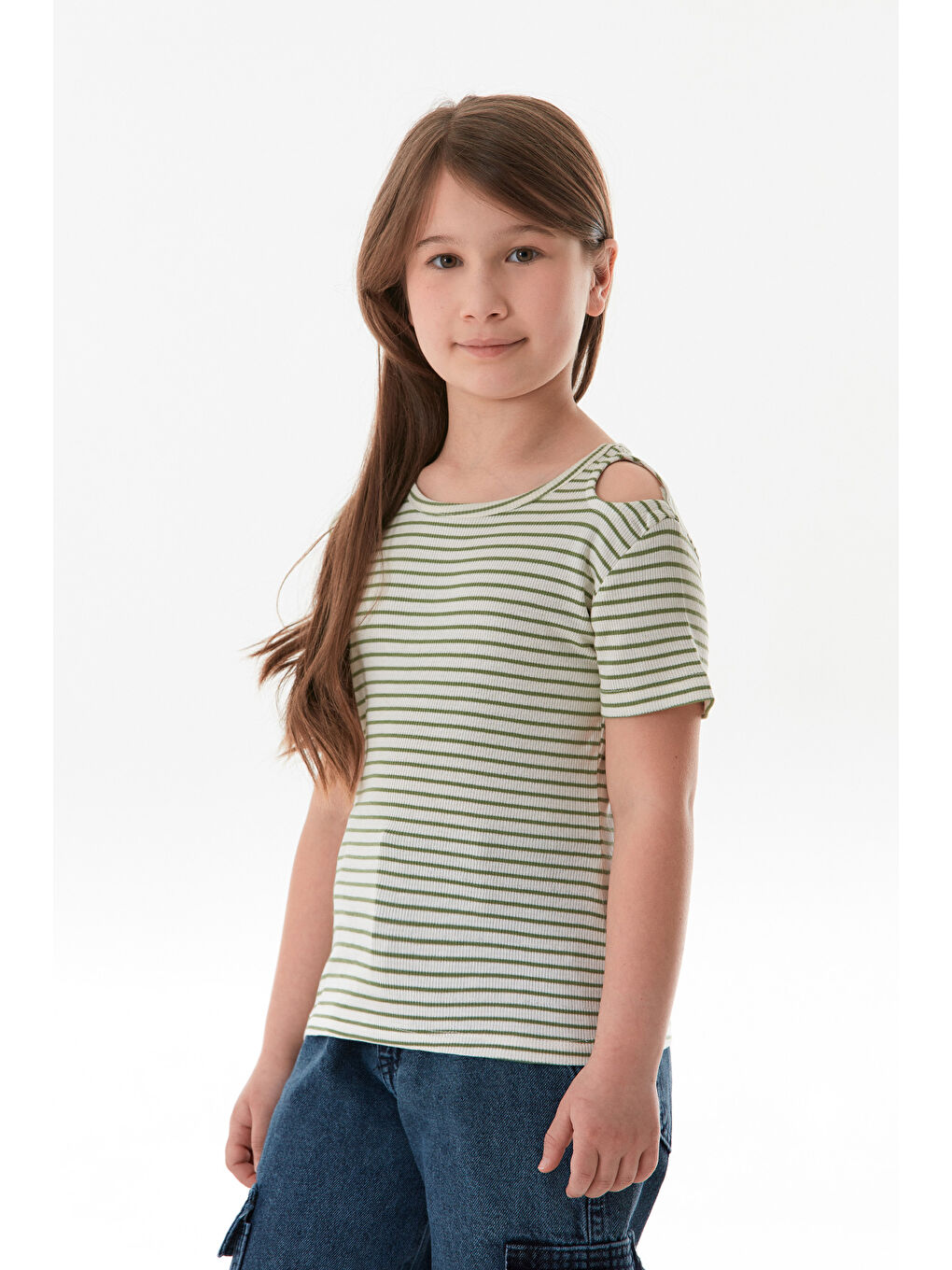 Yeşil Omzu Pencere Detaylı Çizgili Kız Çocuk Body-4