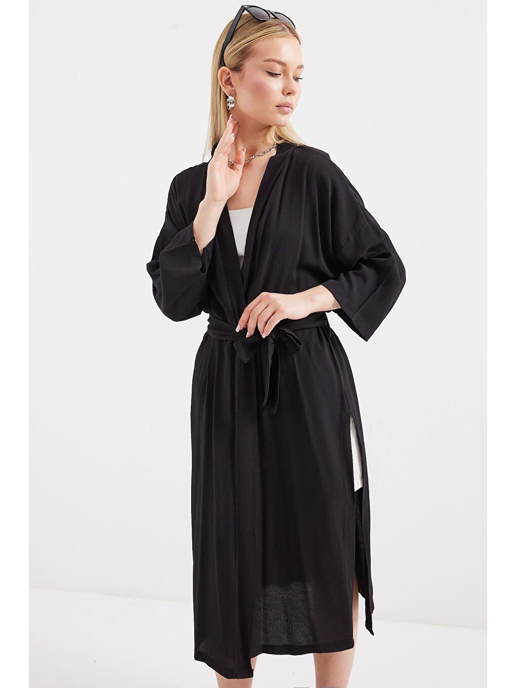 Bigdart Siyah 5835 Yırtmaçlı Yazlık Kimono - Siyah - 3