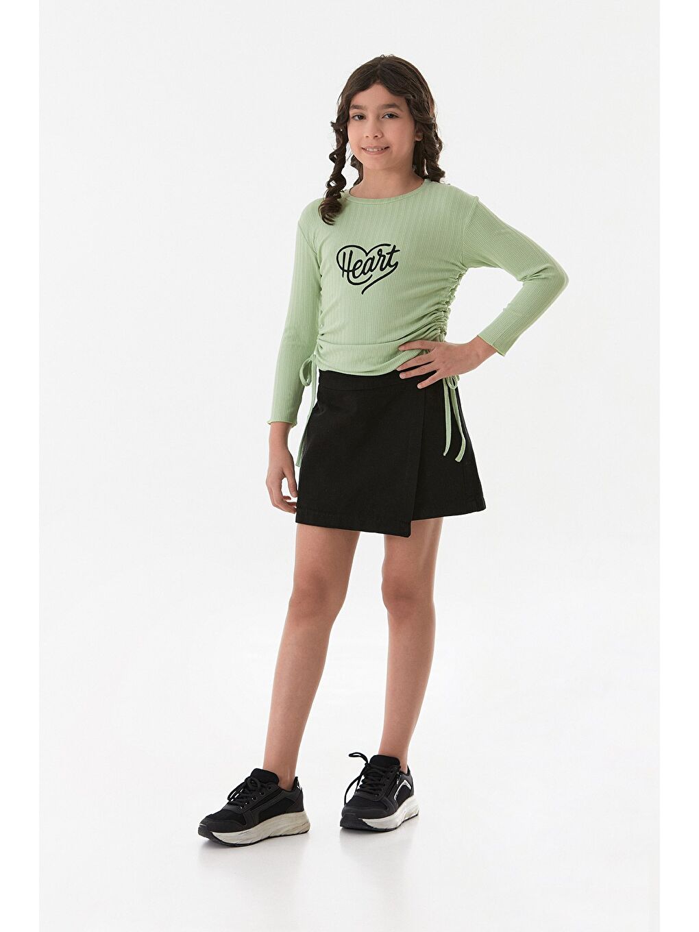 Turkuaz Fitilli Heart Baskılı Yanları Büzgülü Kız Çocuk Body-1