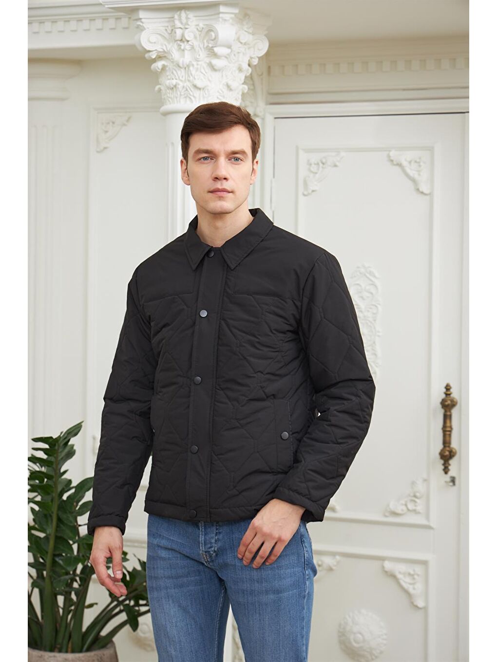 Erkek Desenli Kapitone Mont Siyah