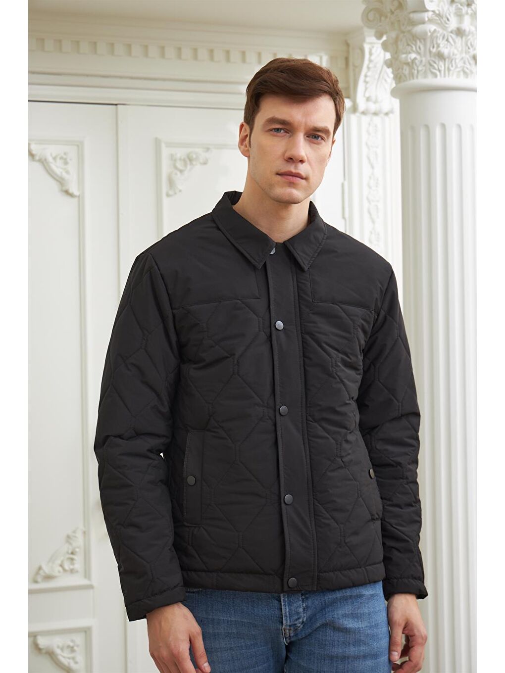 Erkek Desenli Kapitone Mont Siyah-1