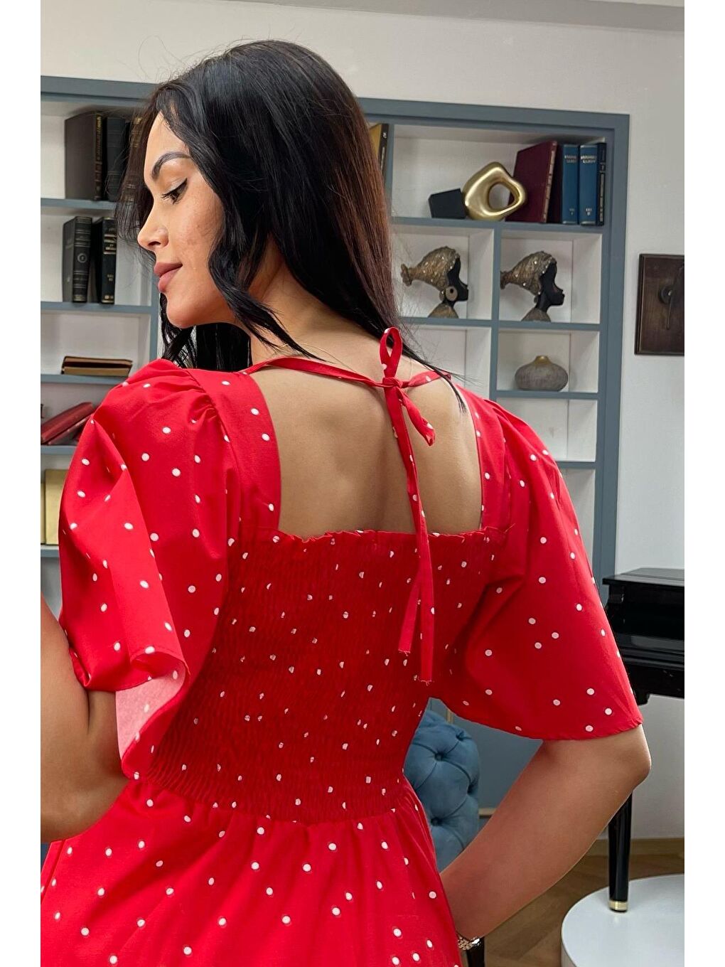 Kırmızı Desenli Midi Boy Kadın Elbise Mg2475-1