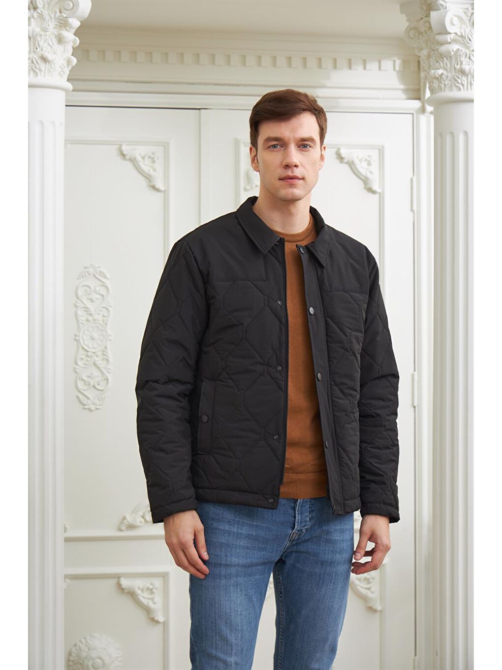 Erkek Desenli Kapitone Mont Siyah-3