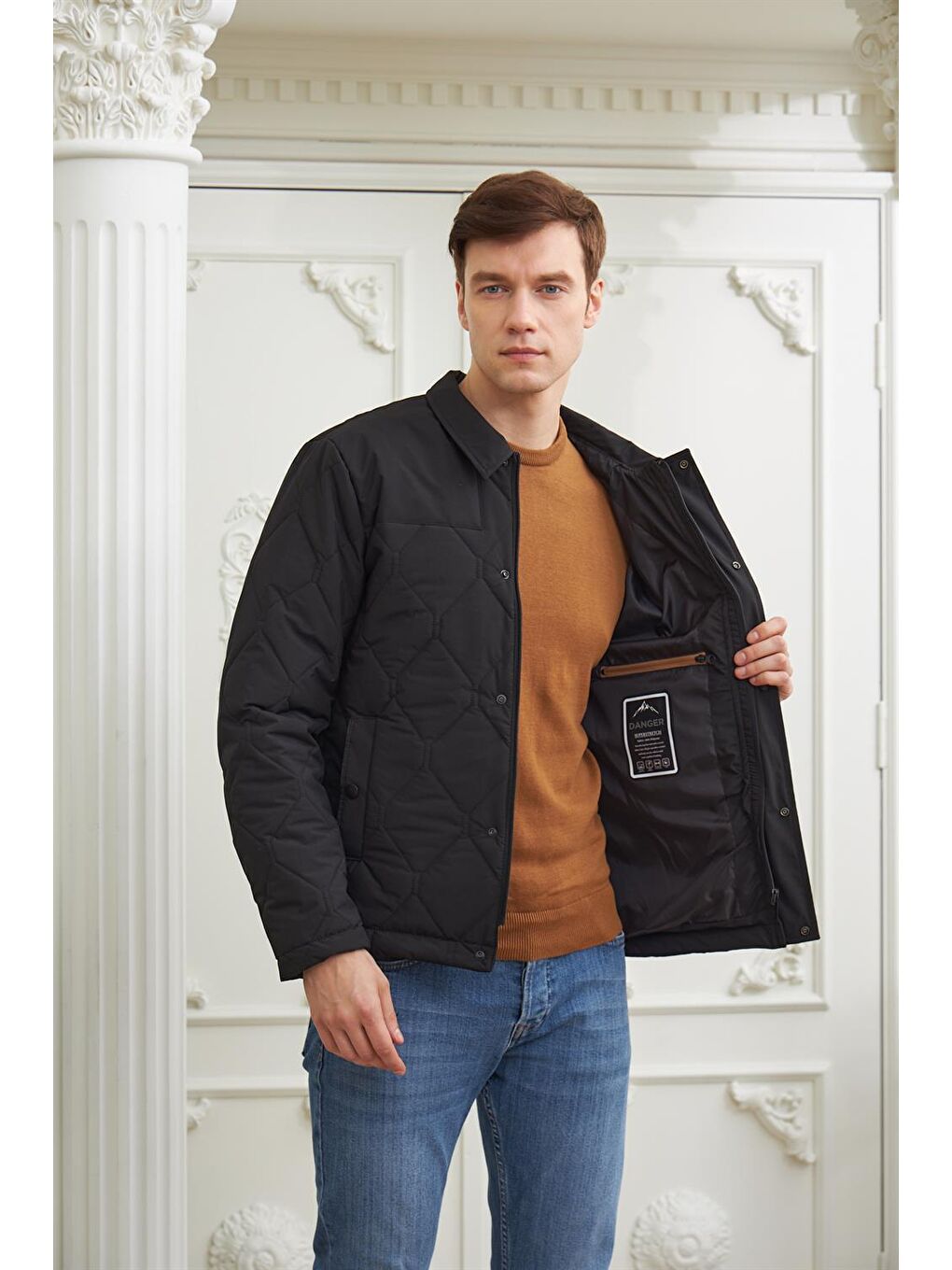 Erkek Desenli Kapitone Mont Siyah-4