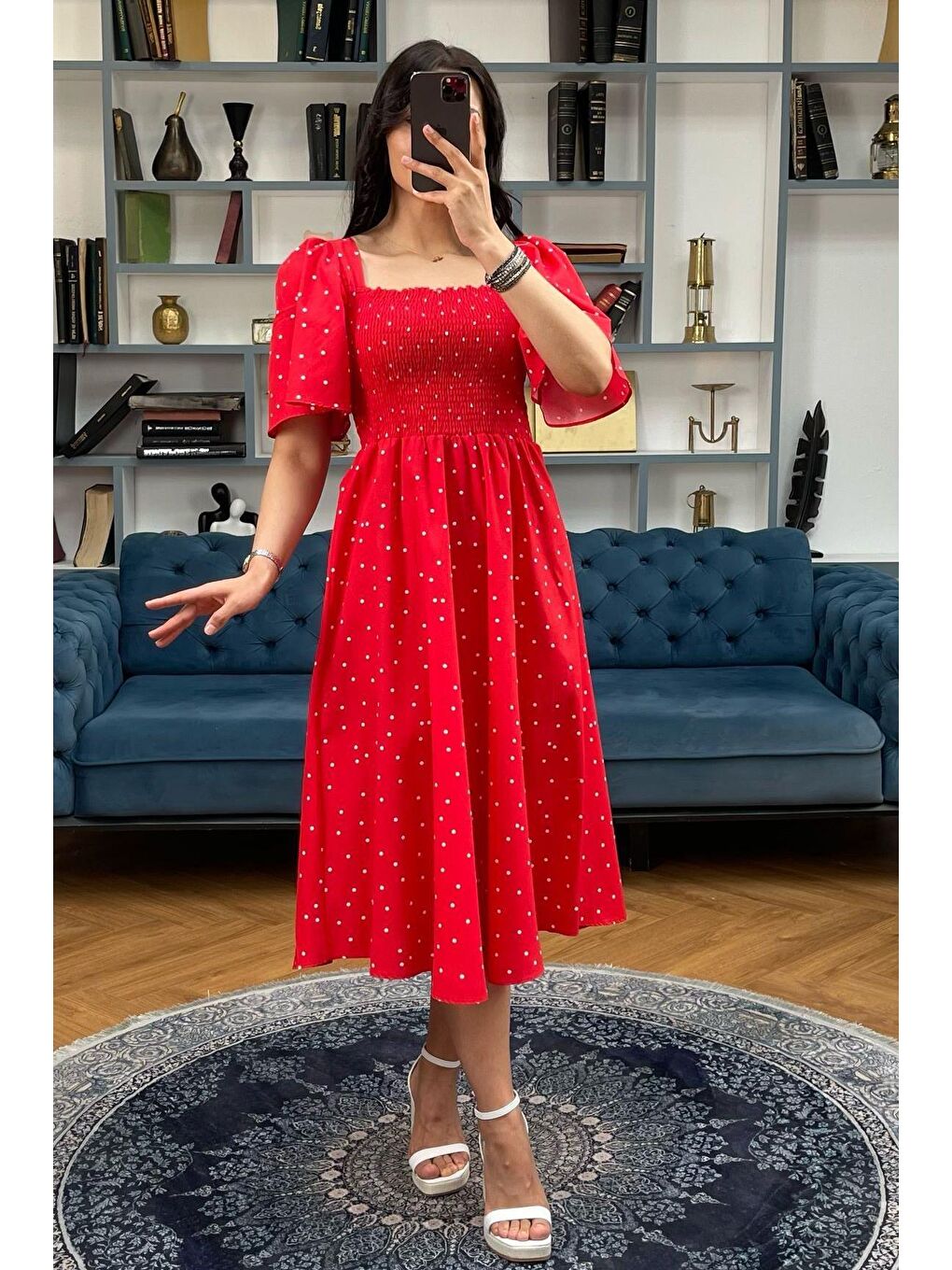 Kırmızı Desenli Midi Boy Kadın Elbise Mg2475-2