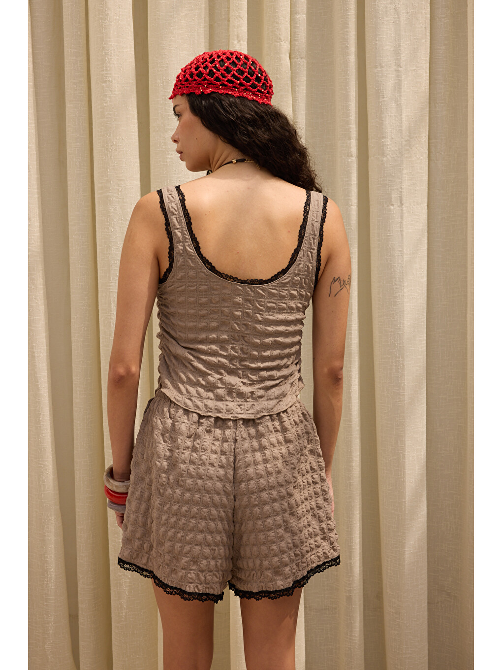 Bej Celeste Dantel Detay Vizon Crop Şort Takım-4