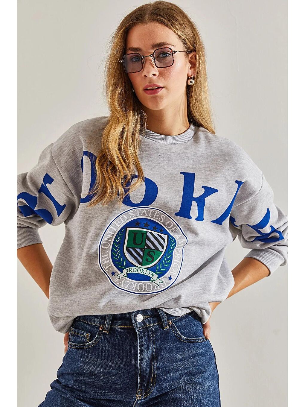 SHADE Gri Kadın Baskılı Üç İplik Şardonlu Sweatshirt