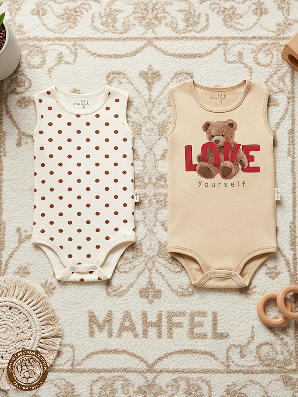 Ekru 2'Li Kız %100 Pamuklu Atlet Çıtçıtlı Bebek Body Zıbın 30-2