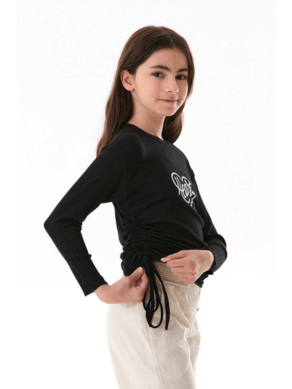 Siyah Fitilli Heart Baskılı Yanları Büzgülü Kız Çocuk Body-4