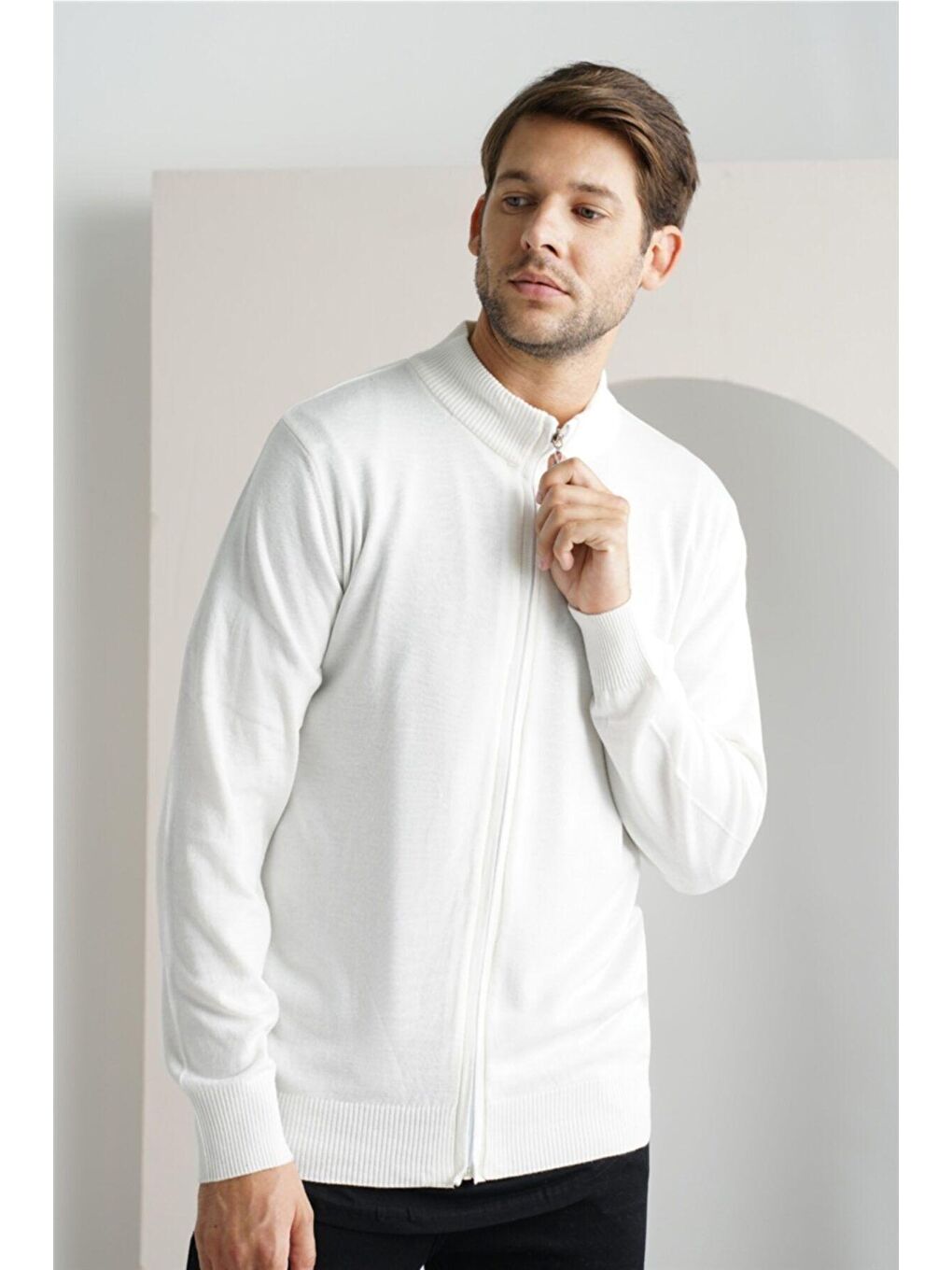 Beyaz Erkek  Tek Plaka Ince Triko Hırka