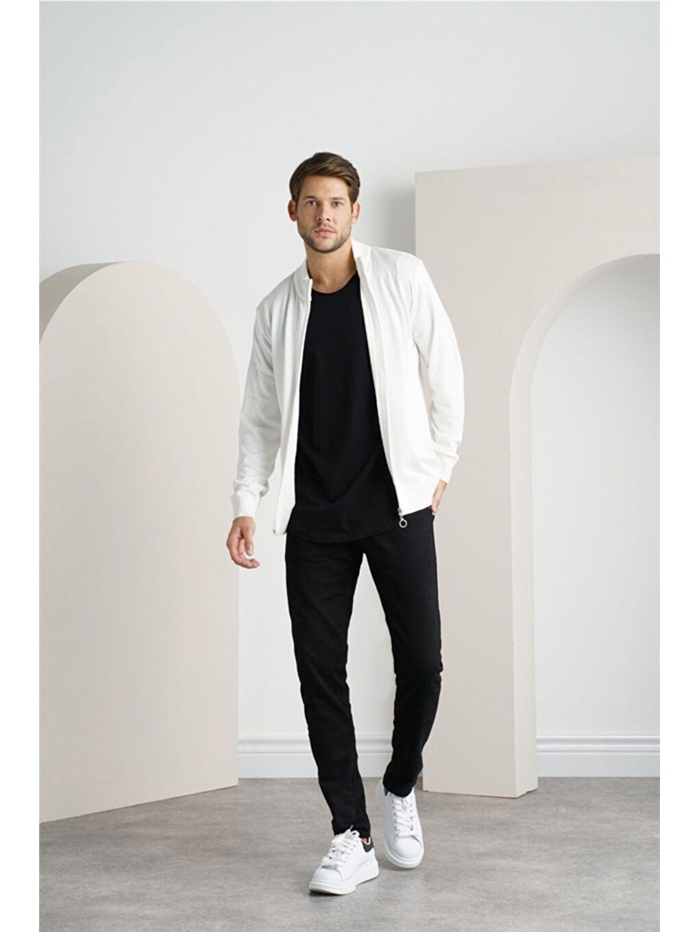 Beyaz Erkek  Tek Plaka Ince Triko Hırka-3