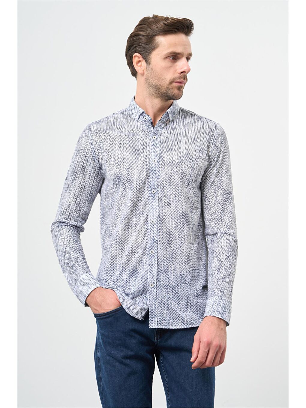 Mavi Saks Uzun Kol Balıksırtı Desen Örme Düğmeli Yaka  Slim Fit Dar Kesim Klasik Gömlek 1004220957