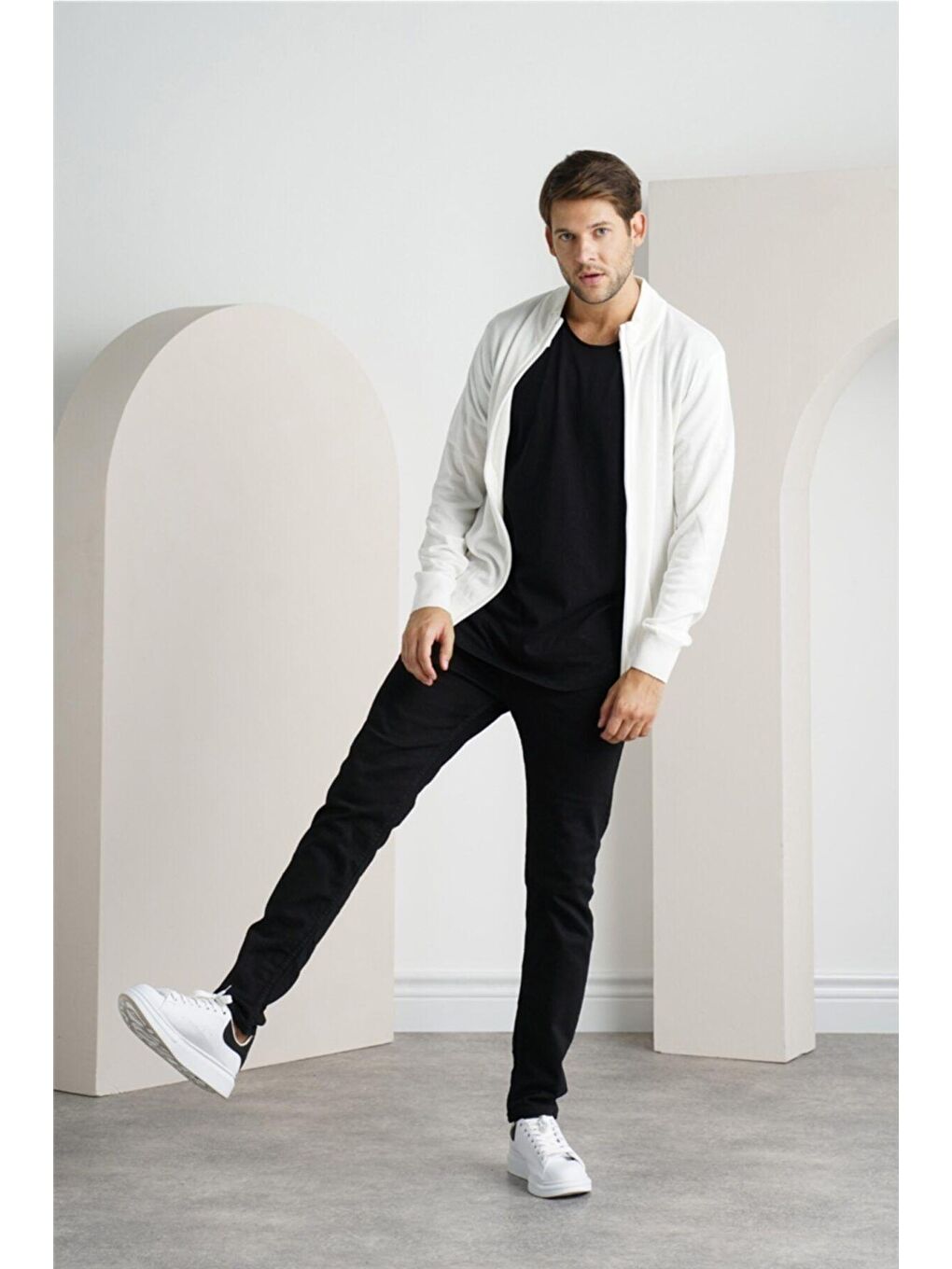 Beyaz Erkek  Tek Plaka Ince Triko Hırka-4