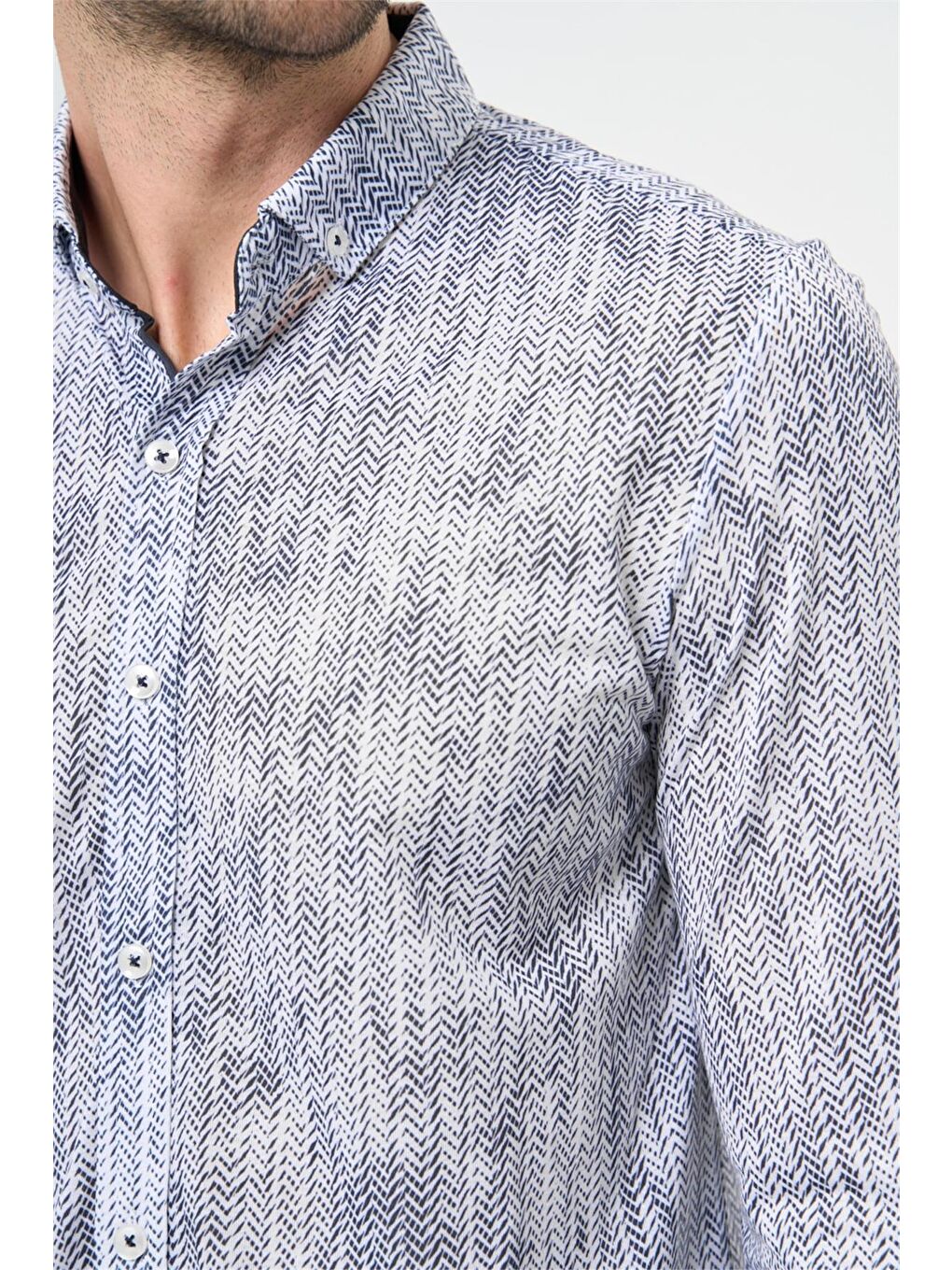 Mavi Saks Uzun Kol Balıksırtı Desen Örme Düğmeli Yaka  Slim Fit Dar Kesim Klasik Gömlek 1004220957-1