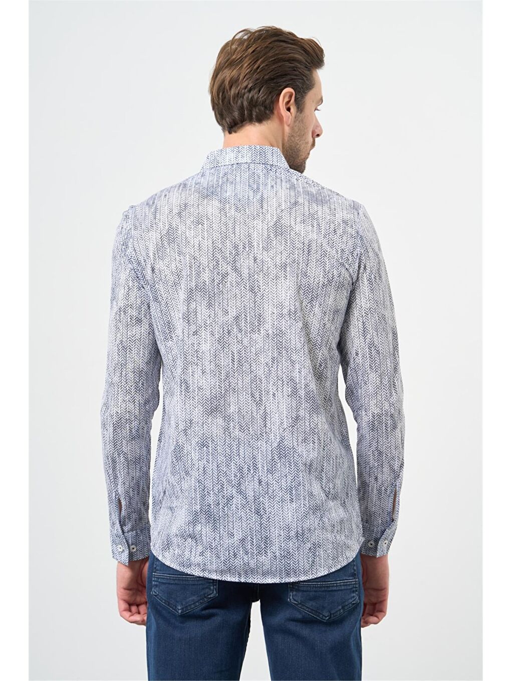 Mavi Saks Uzun Kol Balıksırtı Desen Örme Düğmeli Yaka  Slim Fit Dar Kesim Klasik Gömlek 1004220957-2