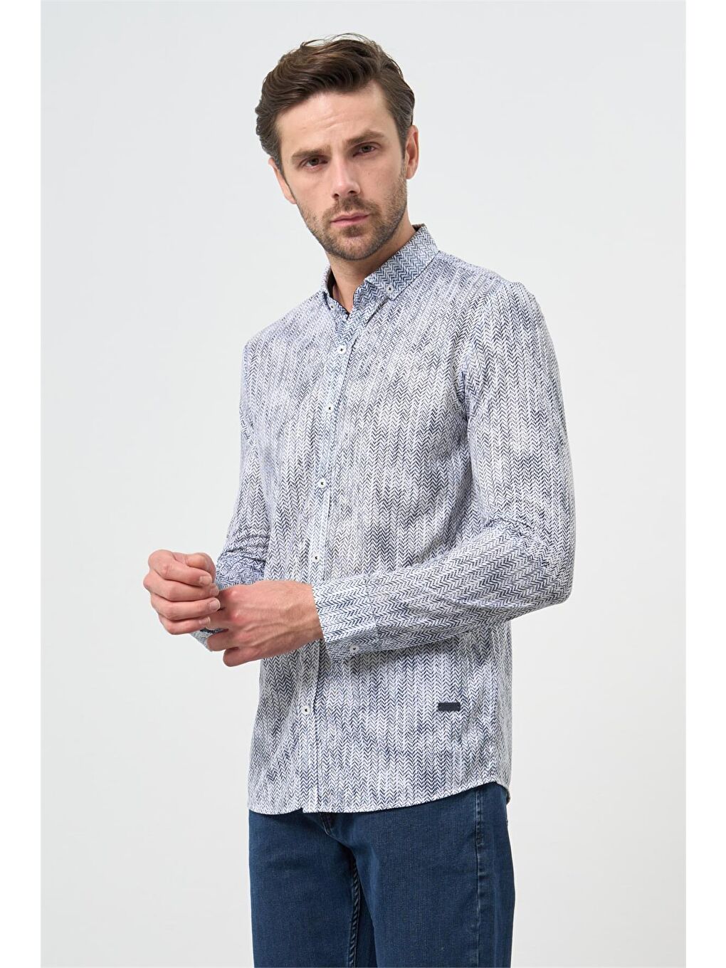 Mavi Saks Uzun Kol Balıksırtı Desen Örme Düğmeli Yaka  Slim Fit Dar Kesim Klasik Gömlek 1004220957-4