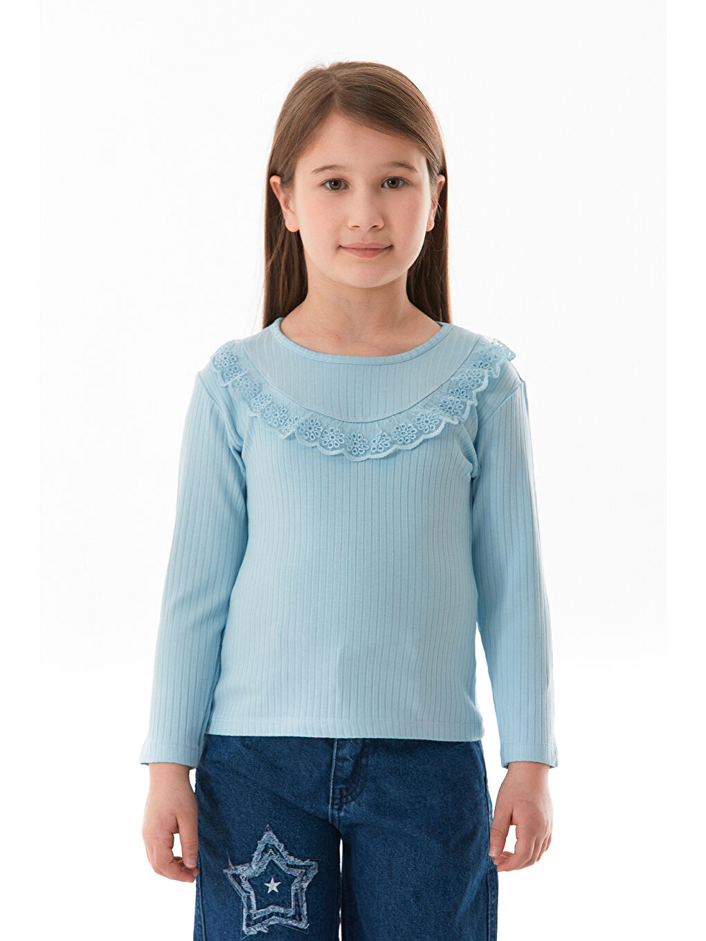 Mavi Fitilli Önü Fırfırlı Elastanlı Kız Çocuk Body-1