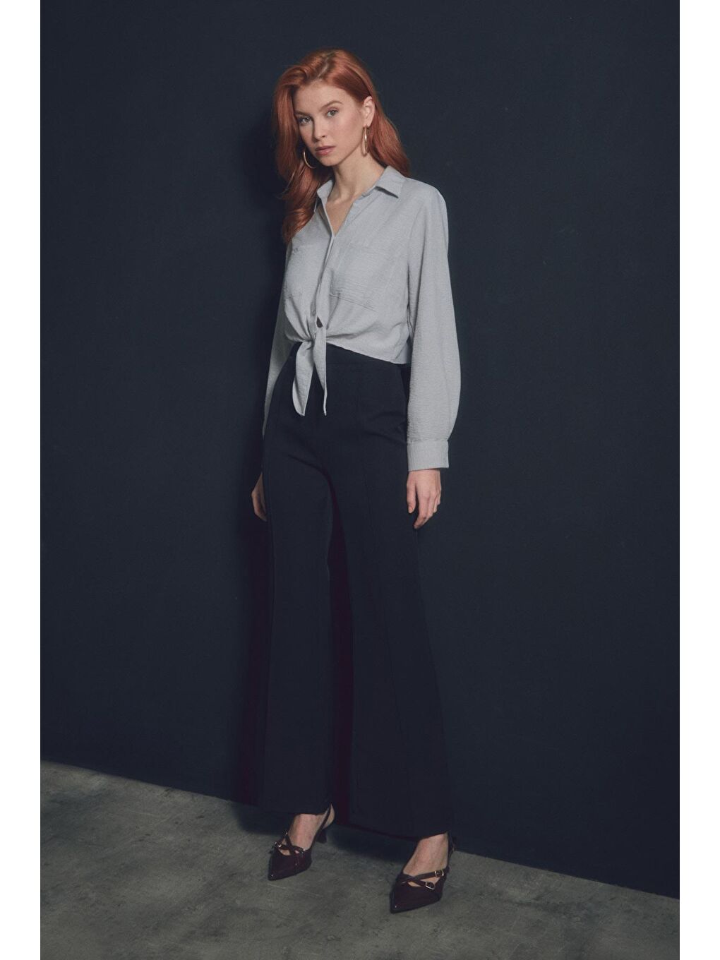 Siyah Yüksek Bel Çimalı Flare Pantolon