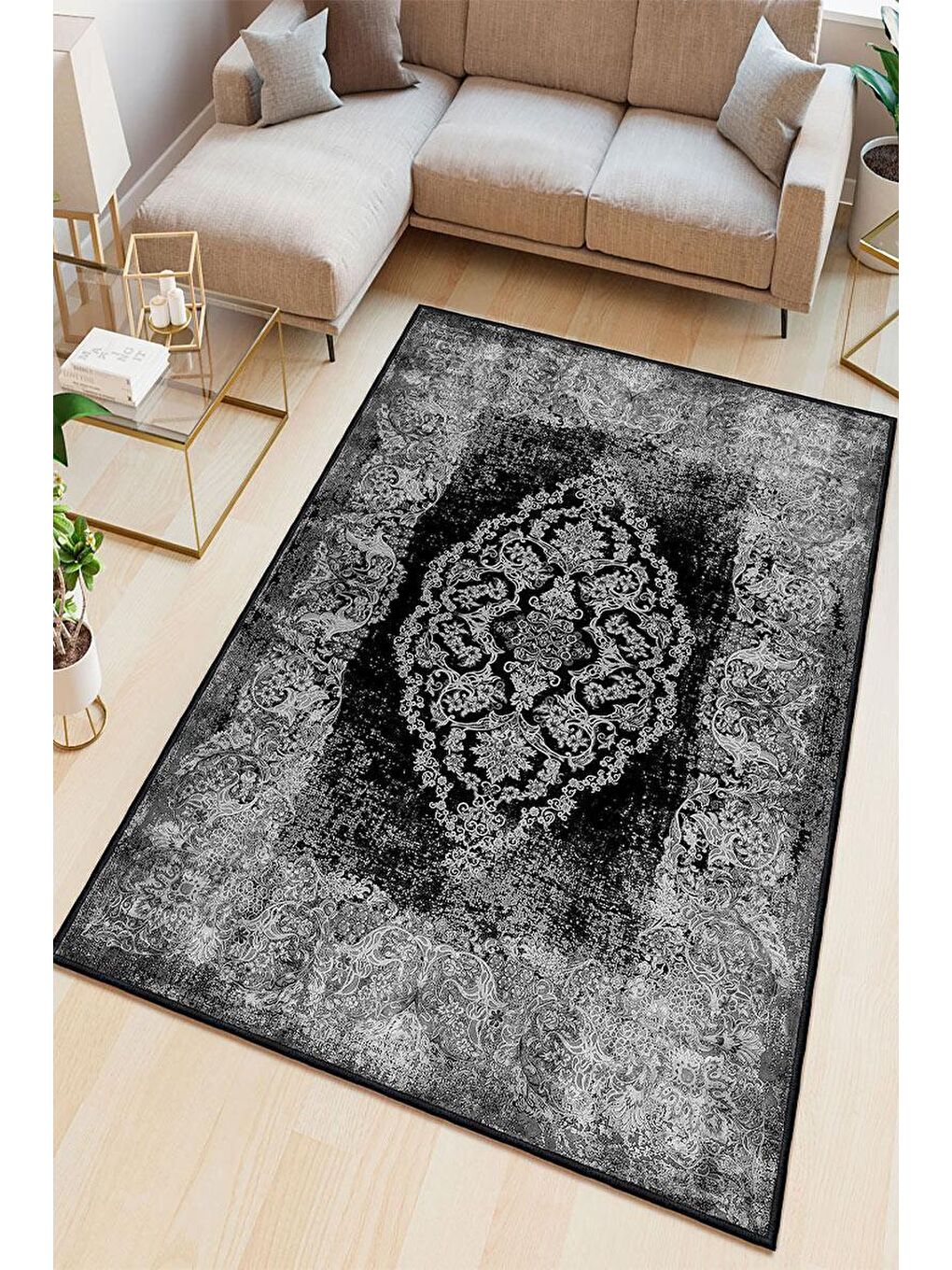 Siyah Premium Kalite, Pamuk ve Kaydırmaz Taban, Yıkanabilir, Modern Halı  120 x 180 cm-1