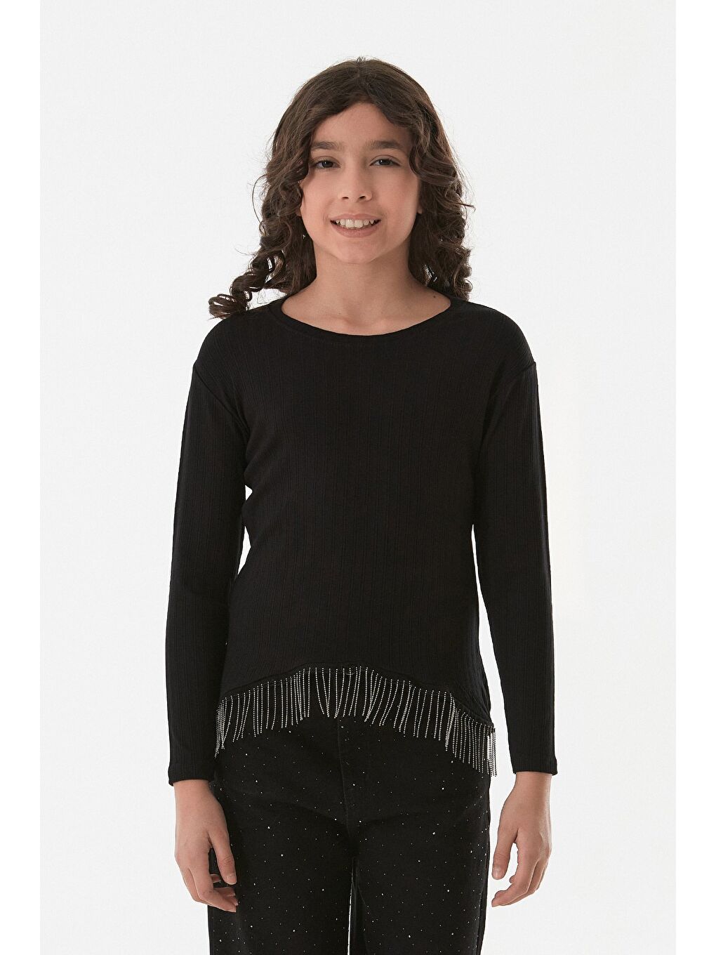 Siyah Fitilli Elastanlı Beli Zincirli Kız Çocuk Body-1