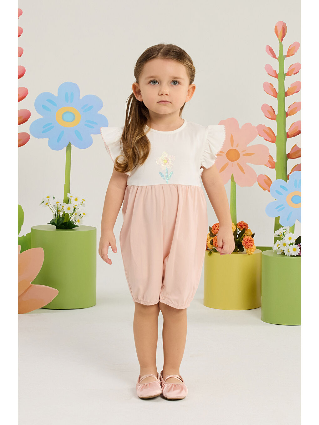 Bej Kız Bebek Çiçek Desenli Kısa tulum 3 Ay-36 Ay Pudra
