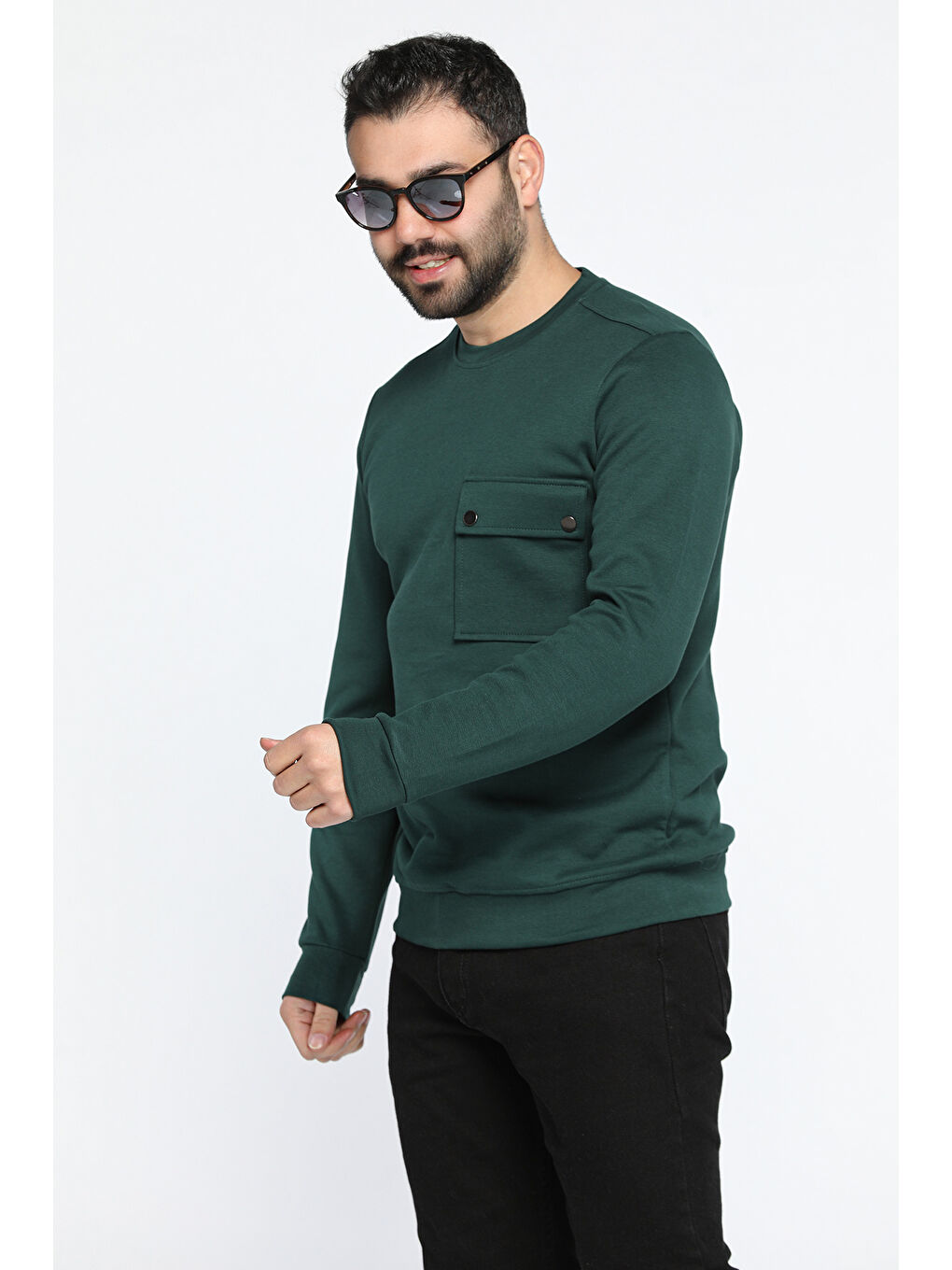 Mishar İtalia Yeşil Bisiklet Yaka Cepli Erkek Sweatshirt