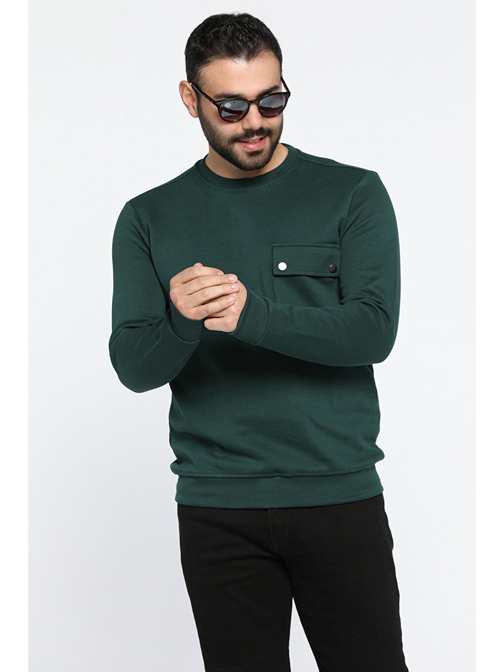 Mishar İtalia Yeşil Bisiklet Yaka Cepli Erkek Sweatshirt - 1