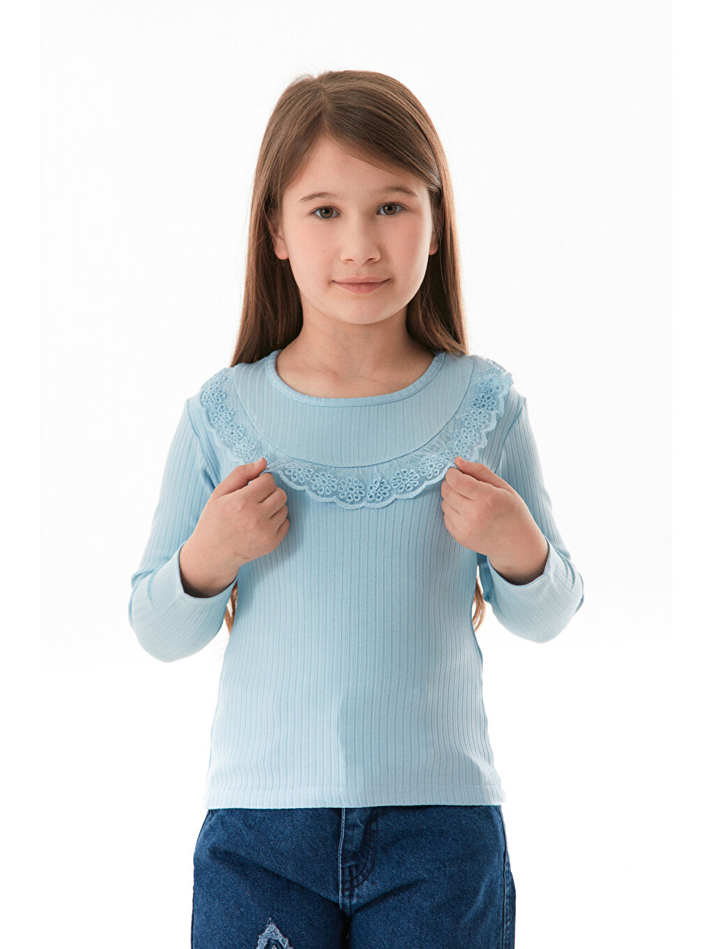 Mavi Fitilli Önü Fırfırlı Elastanlı Kız Çocuk Body-4