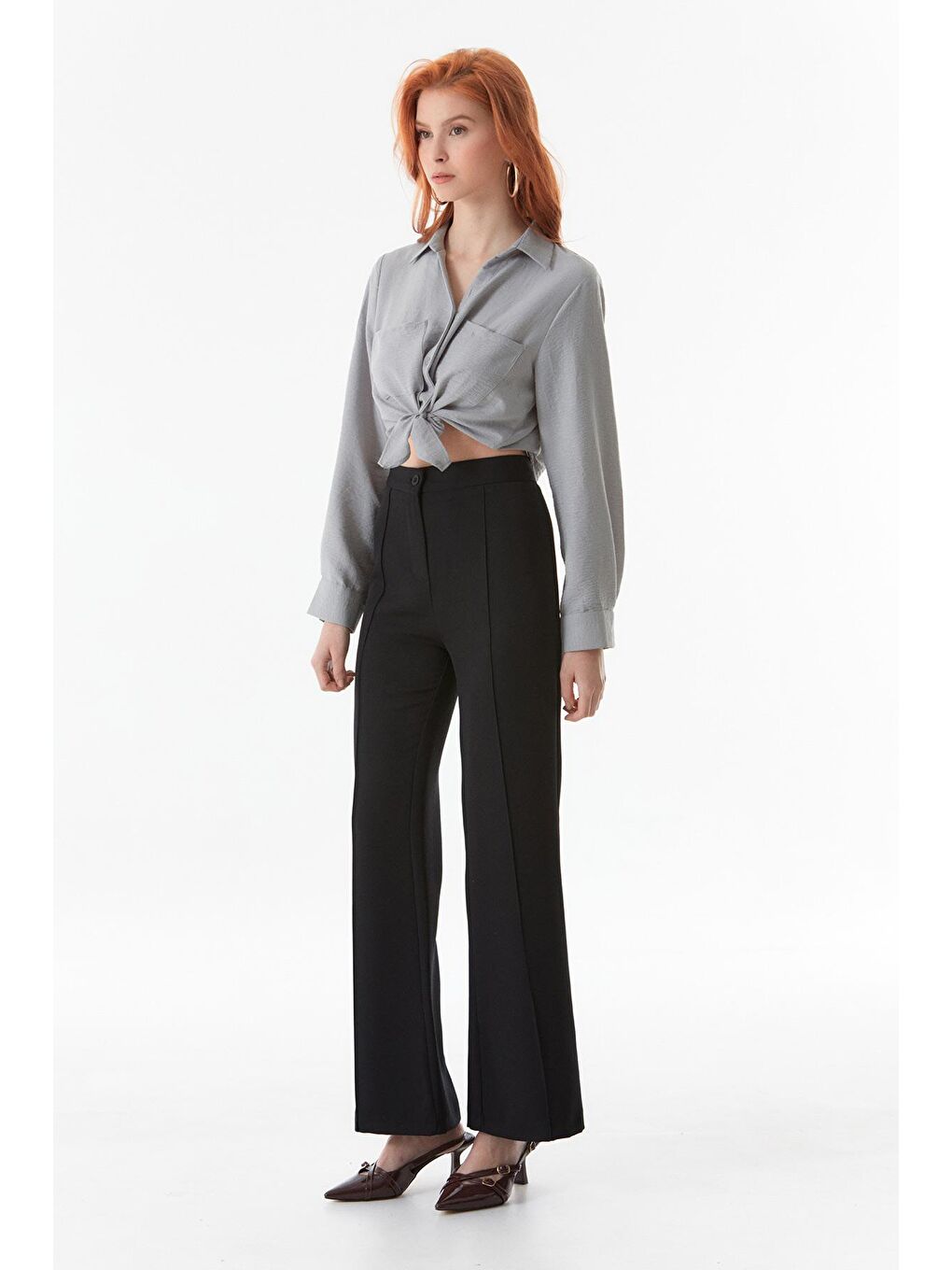 Siyah Yüksek Bel Çimalı Flare Pantolon-3