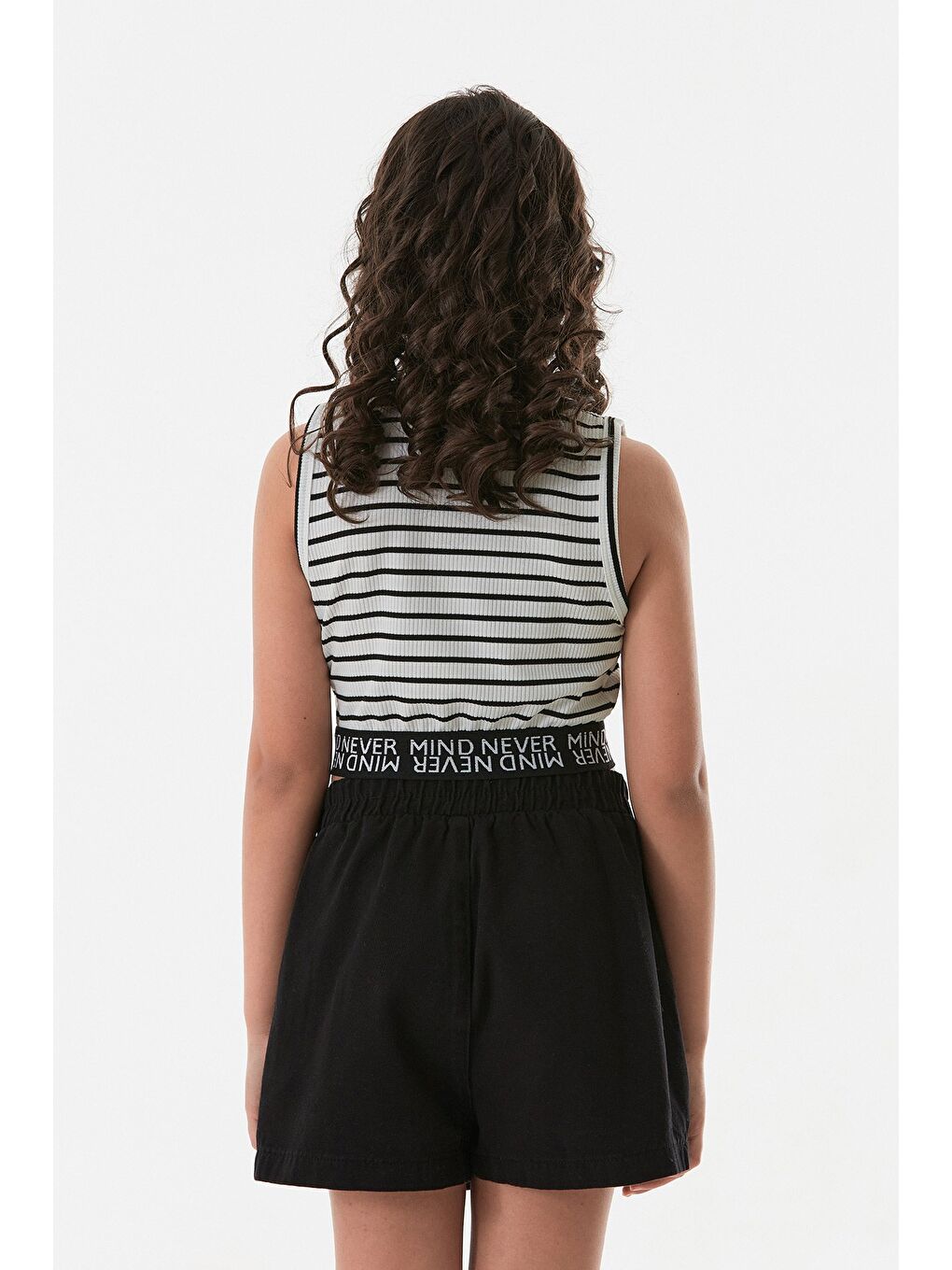 Beyaz Çizgili Fitilli Beli Lastikli Kız Çocuk Crop Body-3