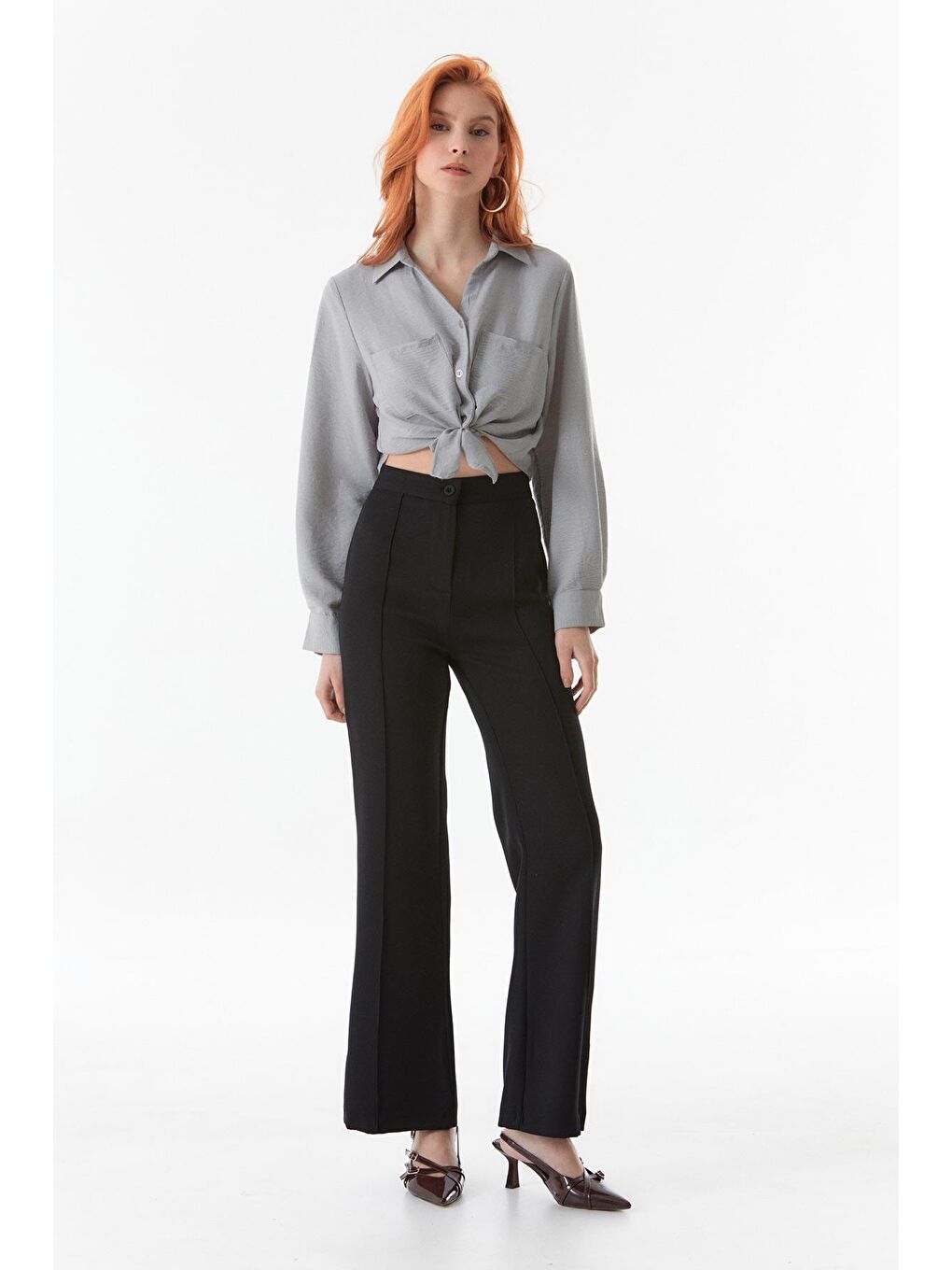 Siyah Yüksek Bel Çimalı Flare Pantolon-4