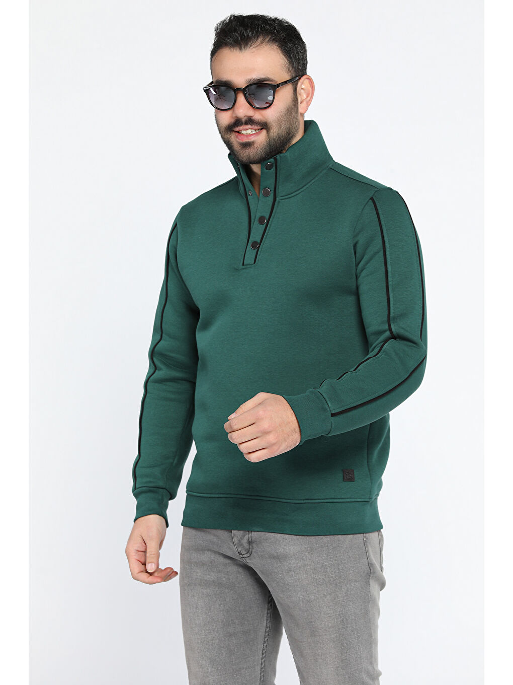 Mishar İtalia Yeşil Erkek Yarım Düğmeli Üç İplik Şardonlu Sweatshirt