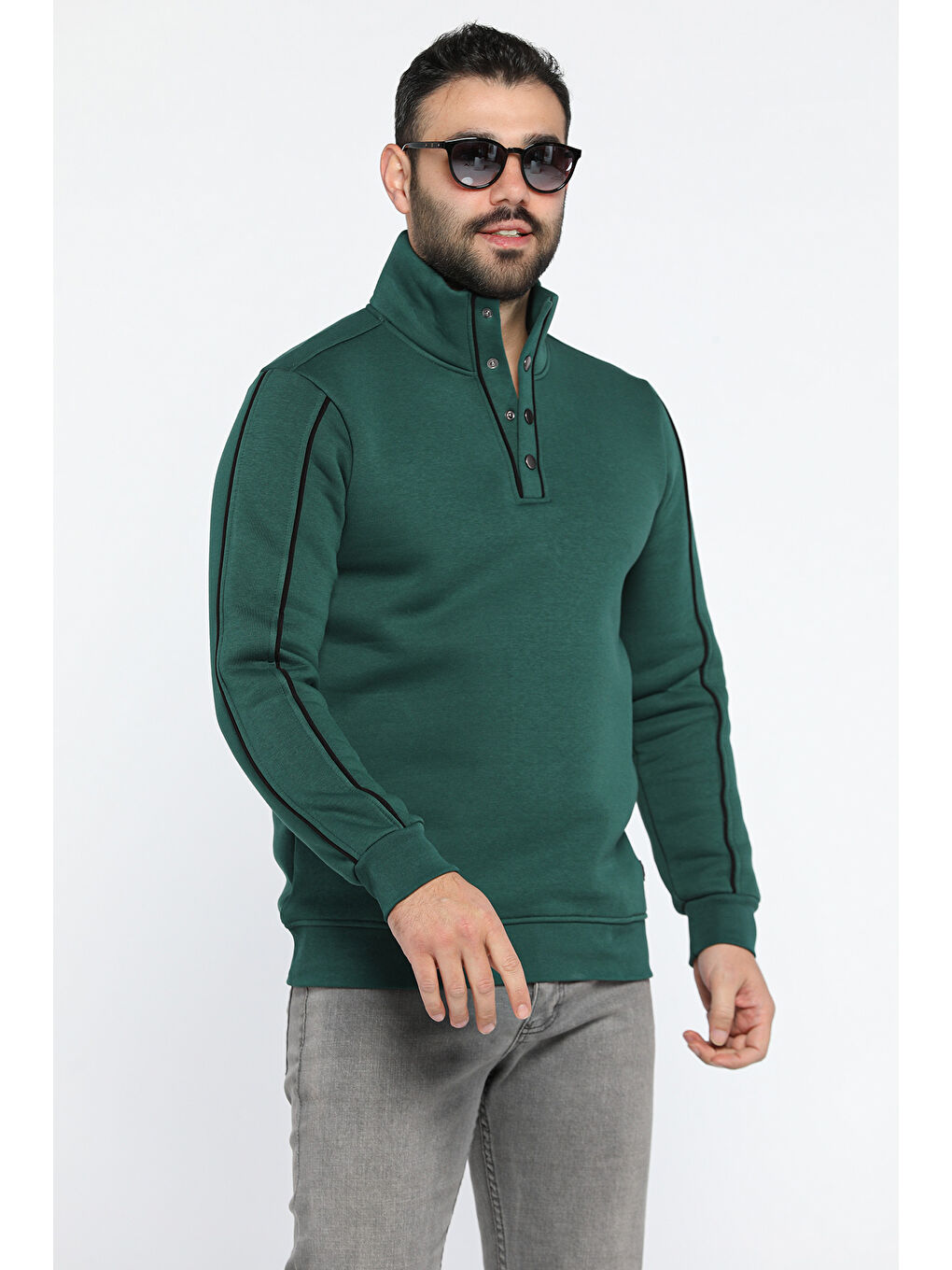 Mishar İtalia Yeşil Erkek Yarım Düğmeli Üç İplik Şardonlu Sweatshirt - 1