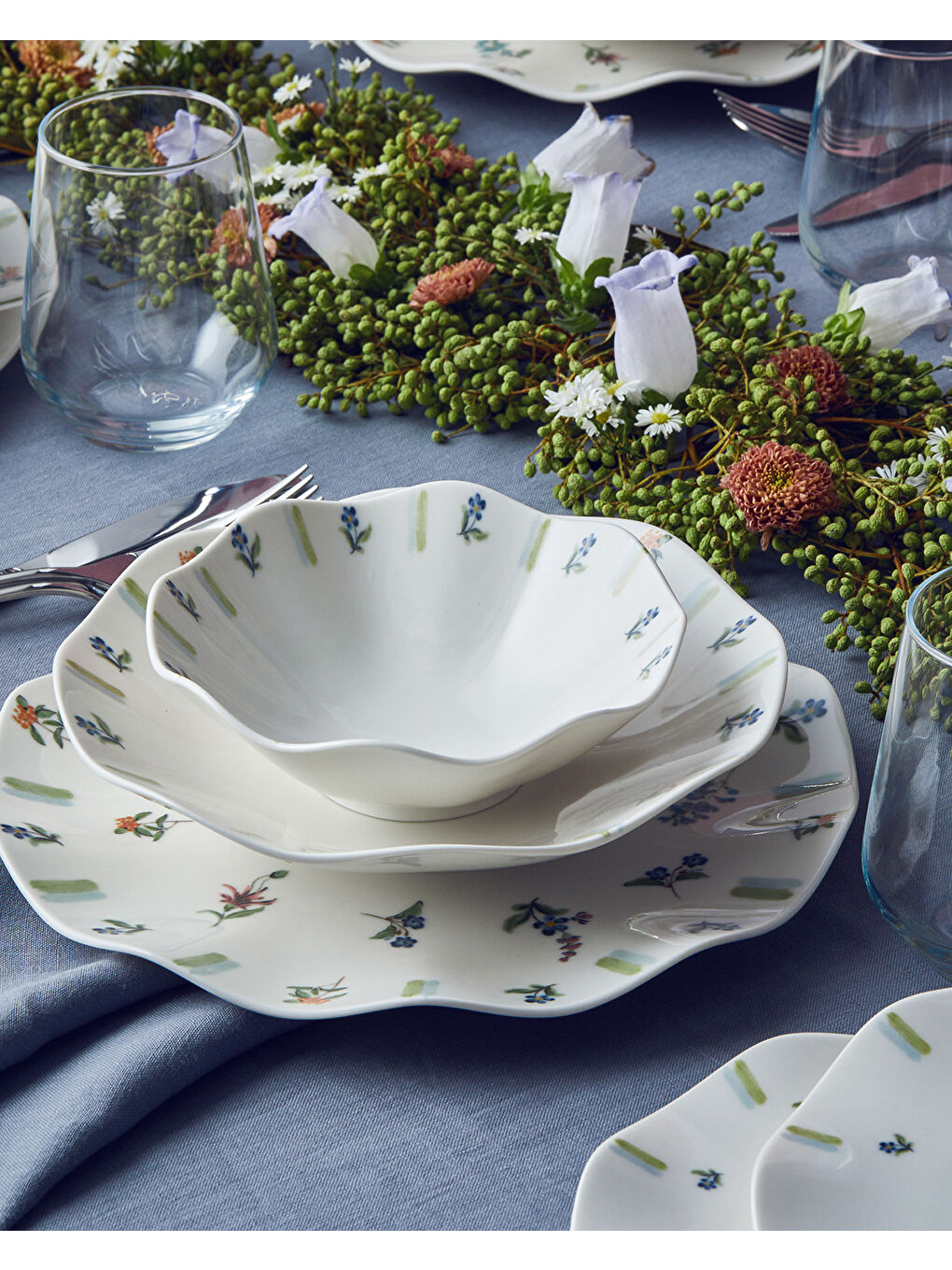 Pleasant Porselen 24 Parça 6 Kişilik Yemek Takımı Yeşil-Mavi-1