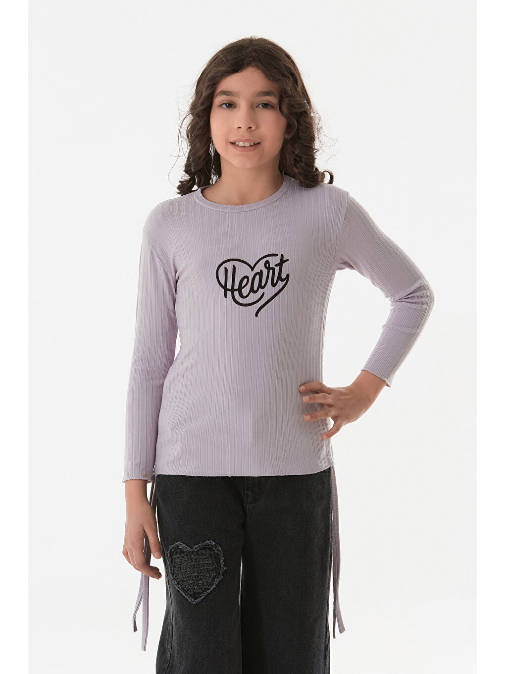 Lila Fitilli Heart Baskılı Yanları Büzgülü Kız Çocuk Body