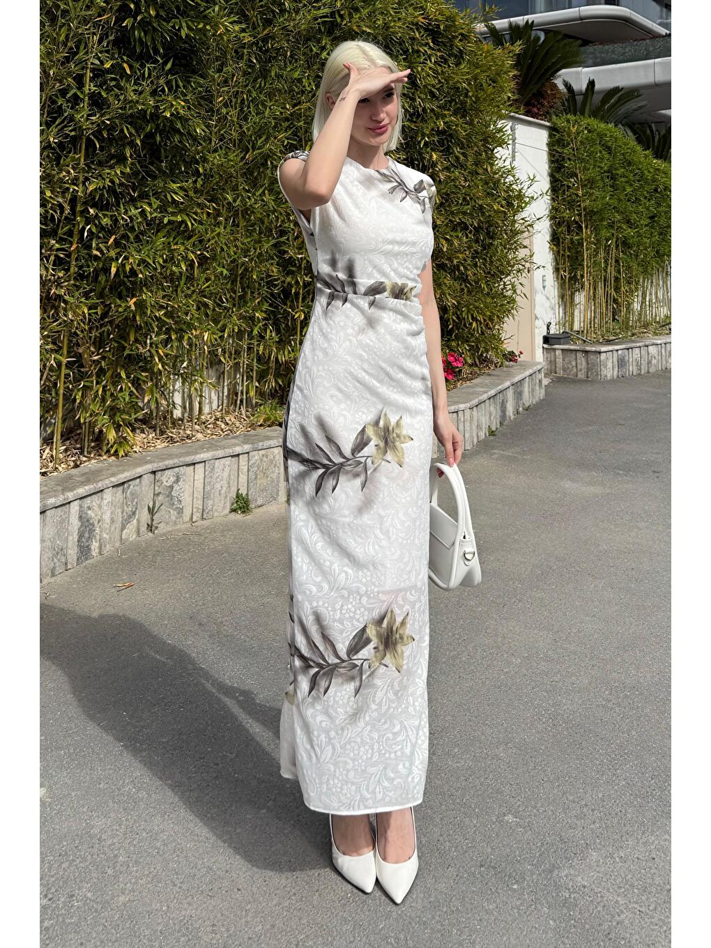 Yeşil Desenli Midi Boy Kadın Elbise Mg2464-3