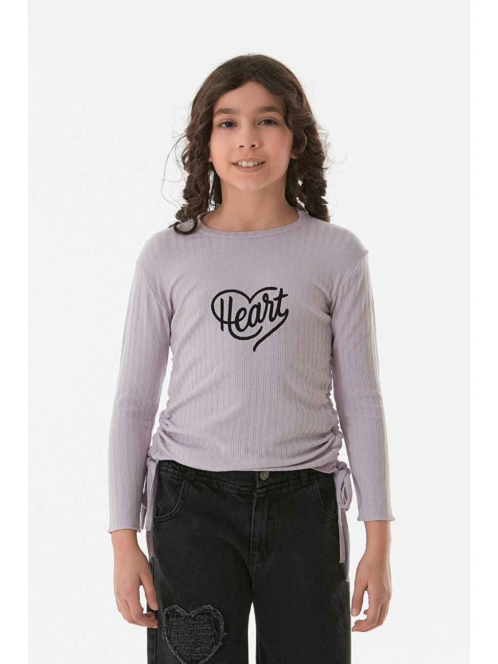 Lila Fitilli Heart Baskılı Yanları Büzgülü Kız Çocuk Body-2