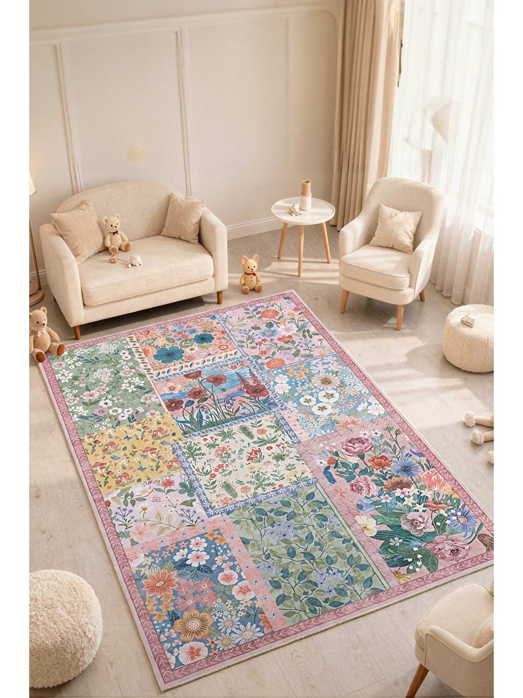 Pembe Modern Çocuk Halısı Kaymaz Tabanlı Makinede Yıkanabilir Çocuk Odası Halısı-1