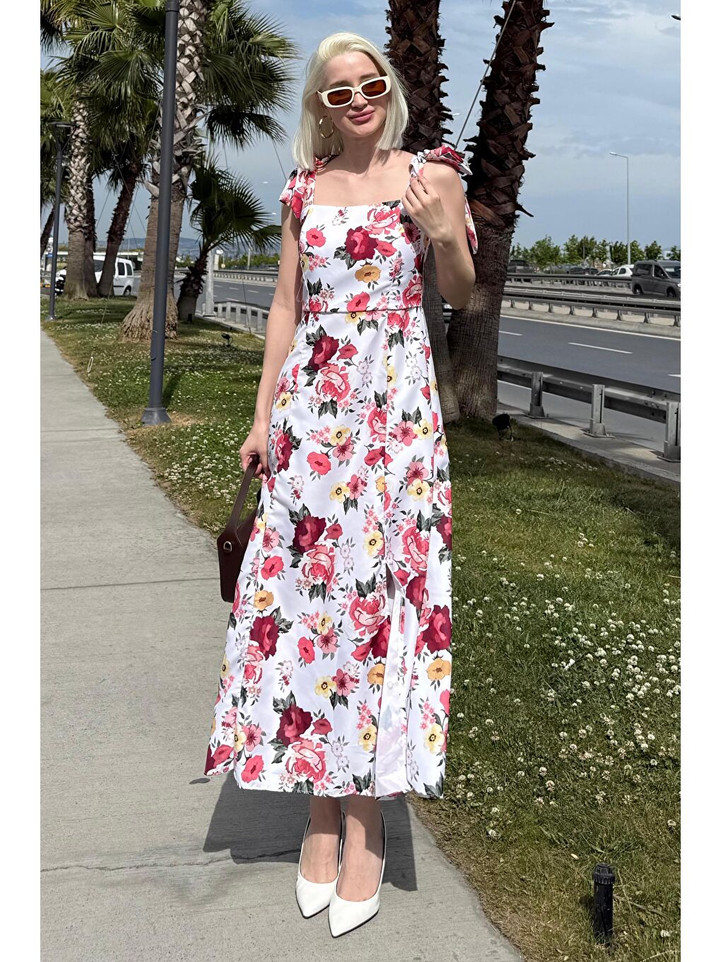 Pembe Çiçekli Bağlanabilir Askı Midi Boy Kadın Elbise Mg2465-1